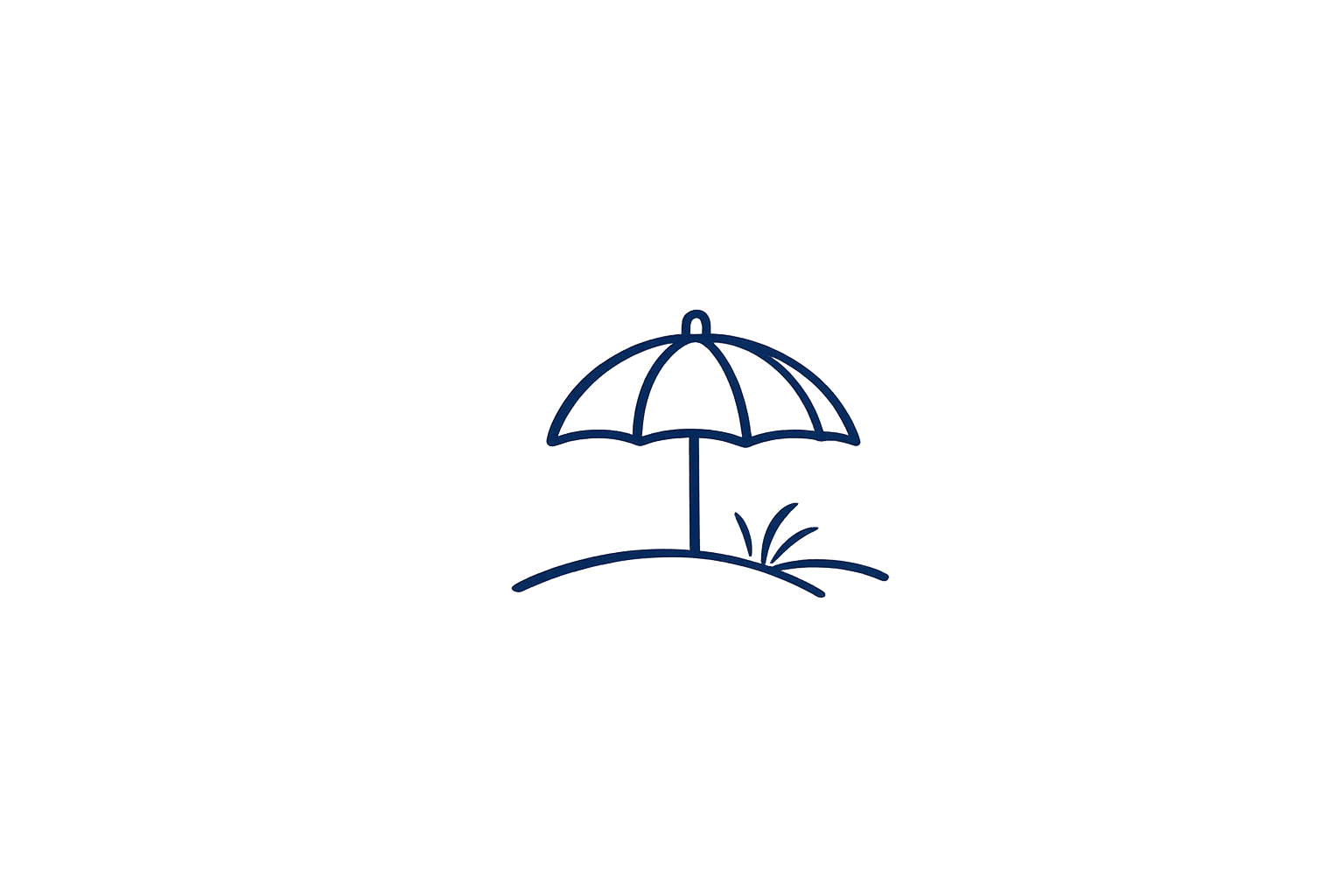 Blue line drawing of a beach umbrella and a small plant on a hill, set against a black background.