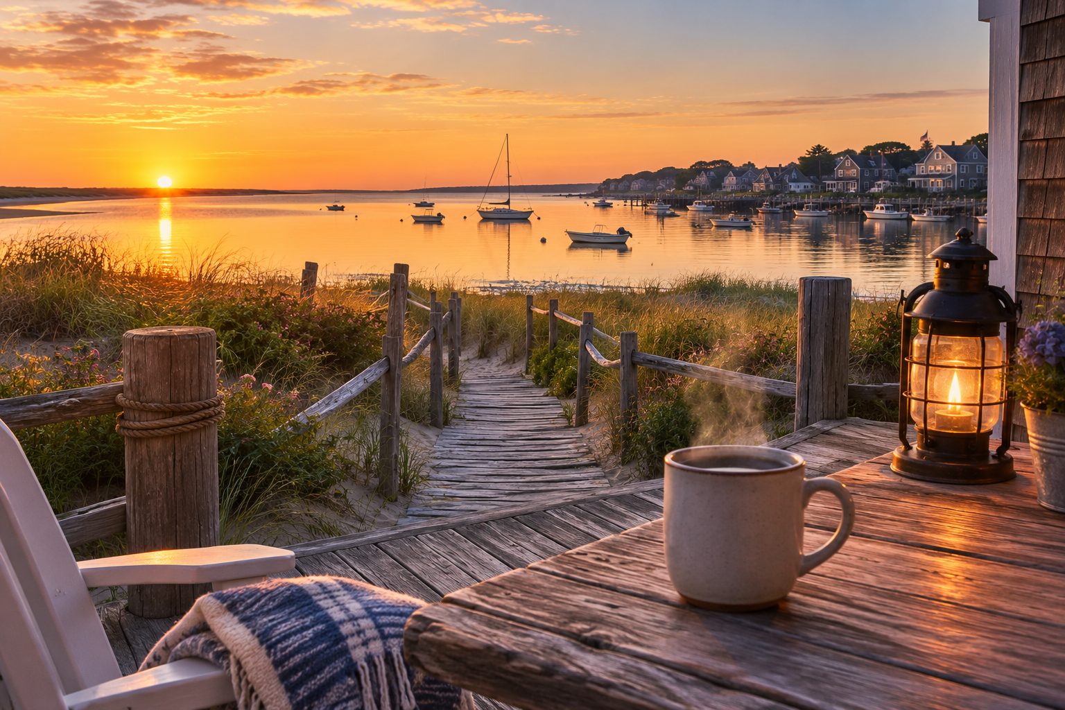 Sunset over a calm harbor with anchored boats, view from a wooden porch with a coffee mug, lantern, and blanket.