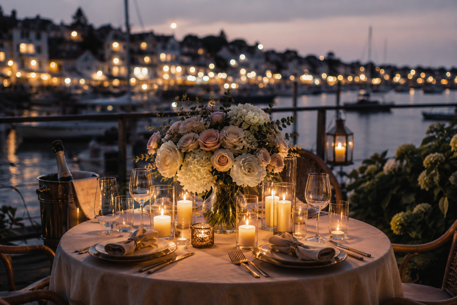 A round dining table set for a romantic dinner with a large floral centerpiece, candles, and glassware, overlooking a marina with boats at dusk.