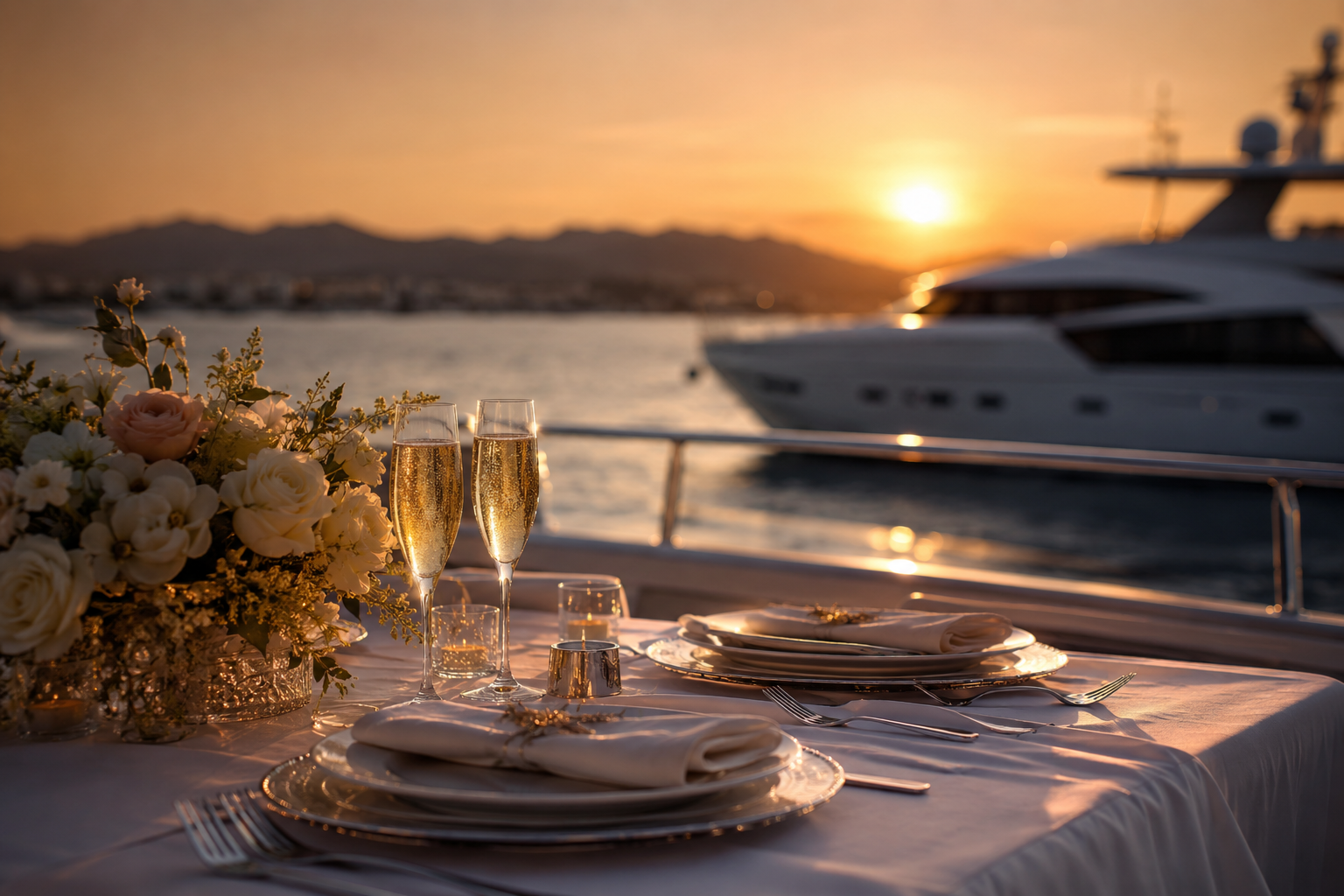 Elegant outdoor dining setup on a yacht with a sunset view, featuring a floral centerpiece, Champagne flutes, dinnerware, and silverware.