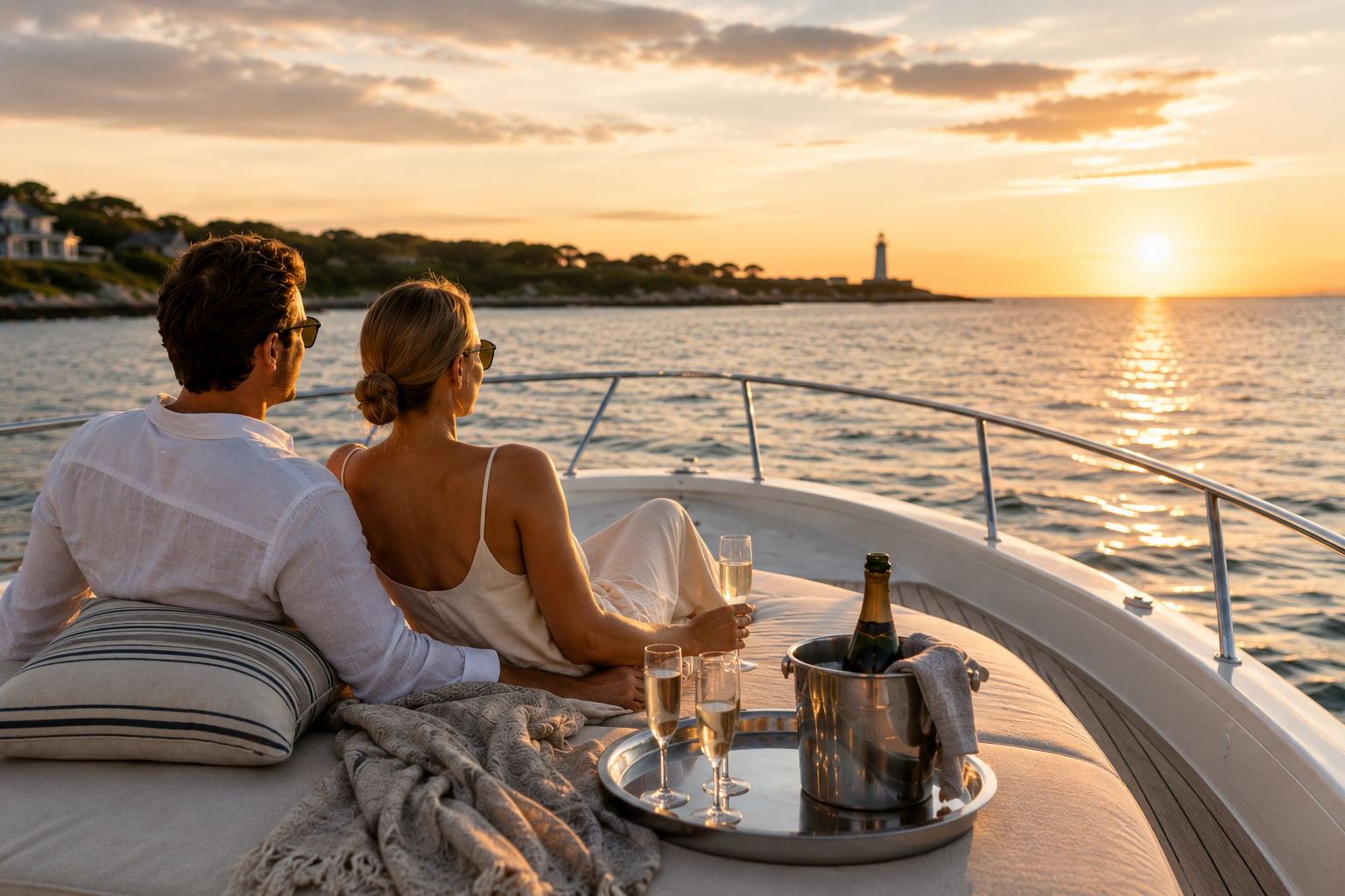 A couple relaxing on a boat at sunset, with champagne and a view of a lighthouse in the distance.