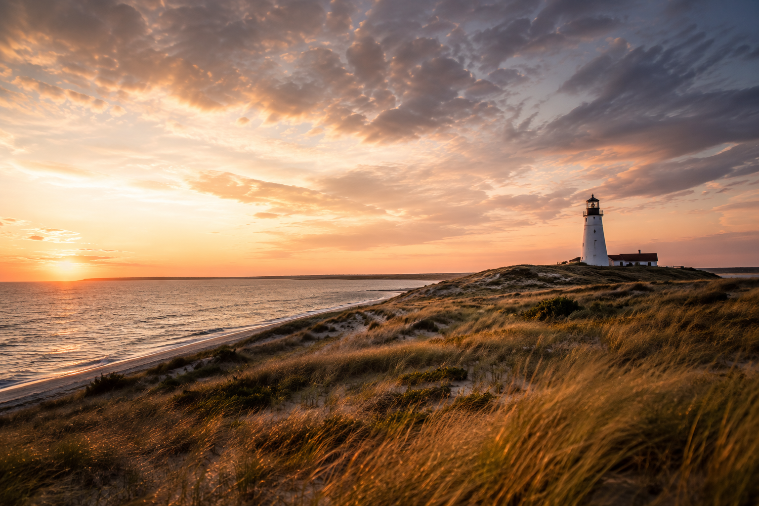 Sunset over the ocean with a lighthouse on a grassy hill and clouds in the sky
