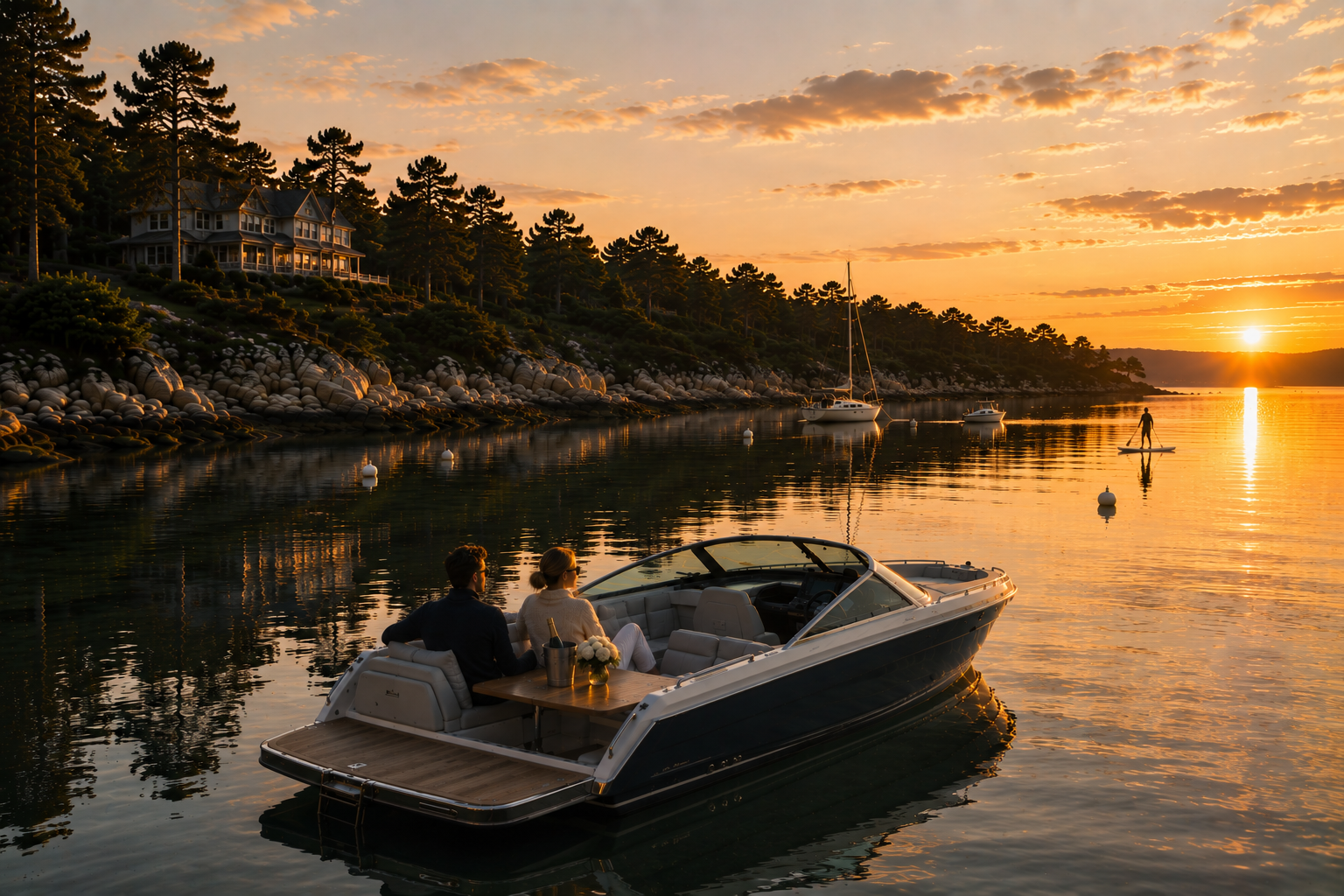 A couple sitting on a boat at sunset on a calm lake with sailboats, a paddleboarder, trees, and a house along the shore.