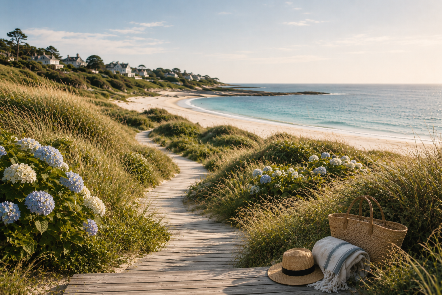 A sandy pathway leading to a beach, surrounded by lush green plants and white flowers, with houses on a hill in the background and the ocean on a sunny day. In the foreground, there is a straw hat, a striped towel, and a woven bag on the platform.