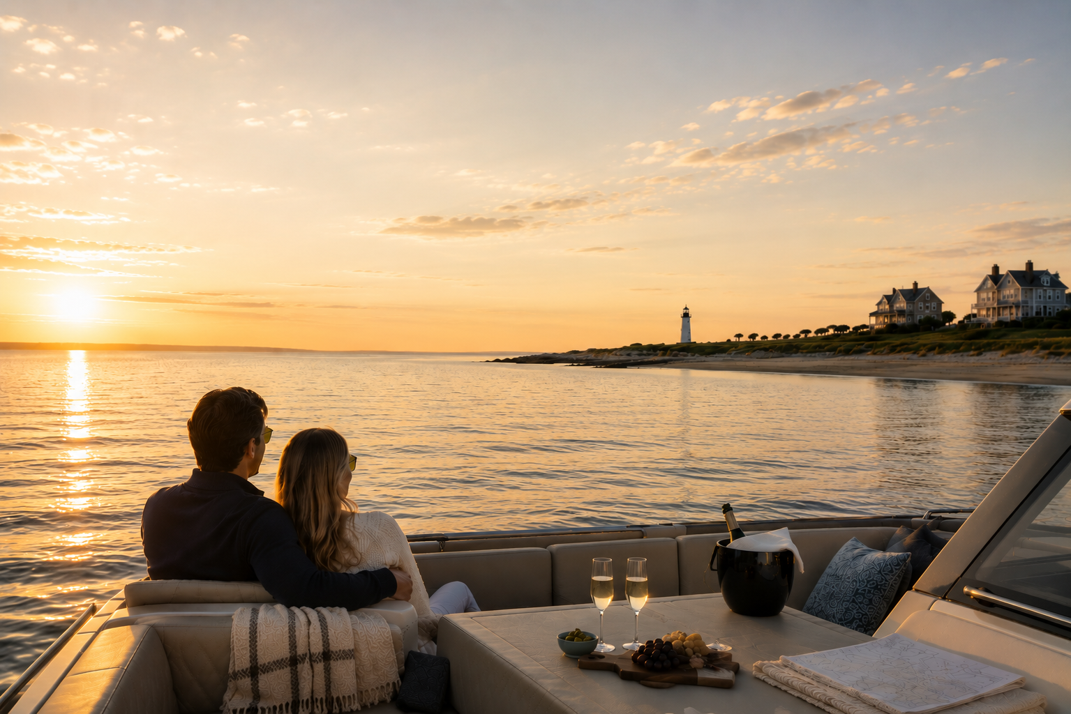 A couple sitting on a boat at sunset, looking at the water and lighthouse in the distance, with champagne and snacks on the table.