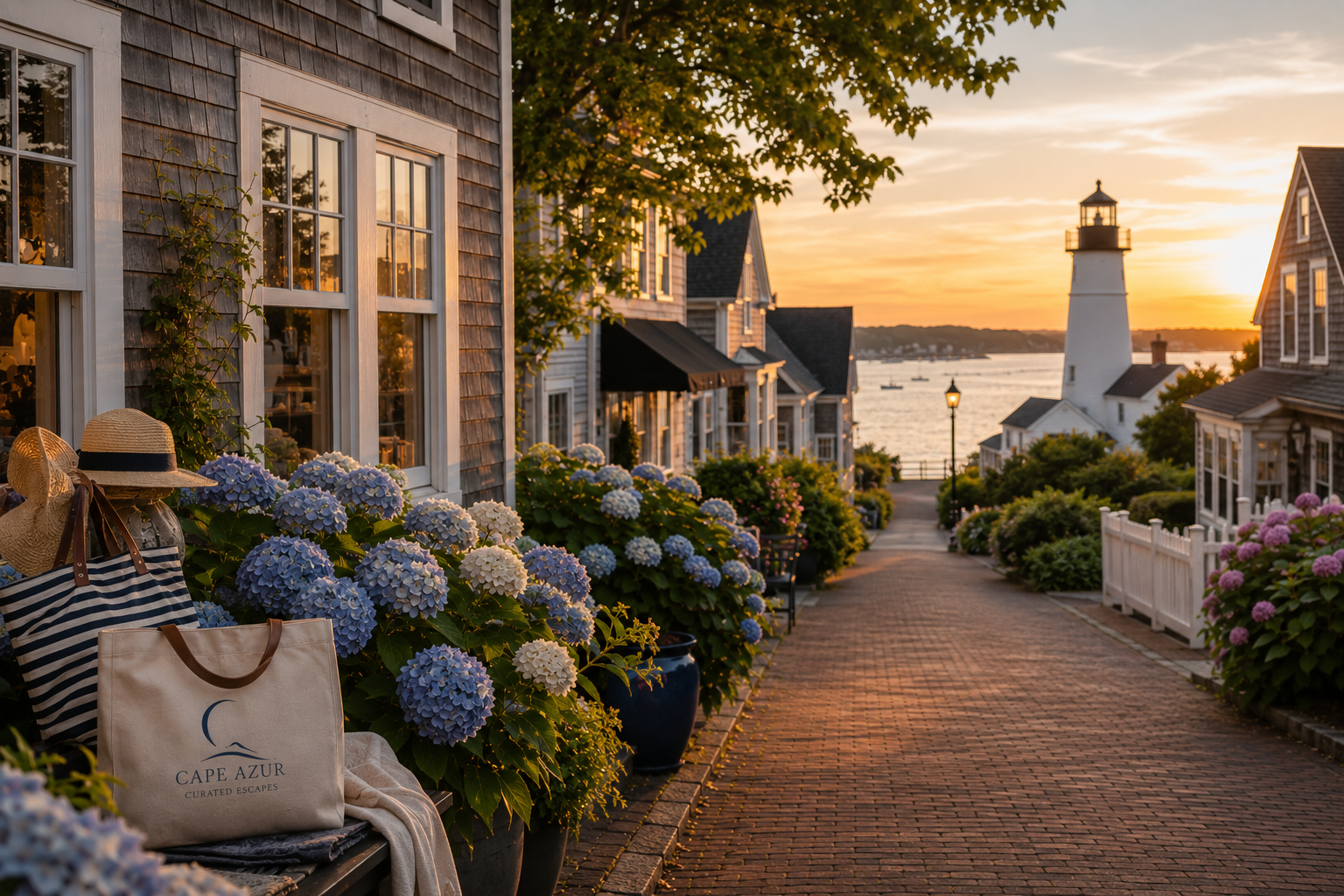 A scenic coastal street at sunset with hydrangea flowers and seaside cottages, leading to a lighthouse overlooking the water.