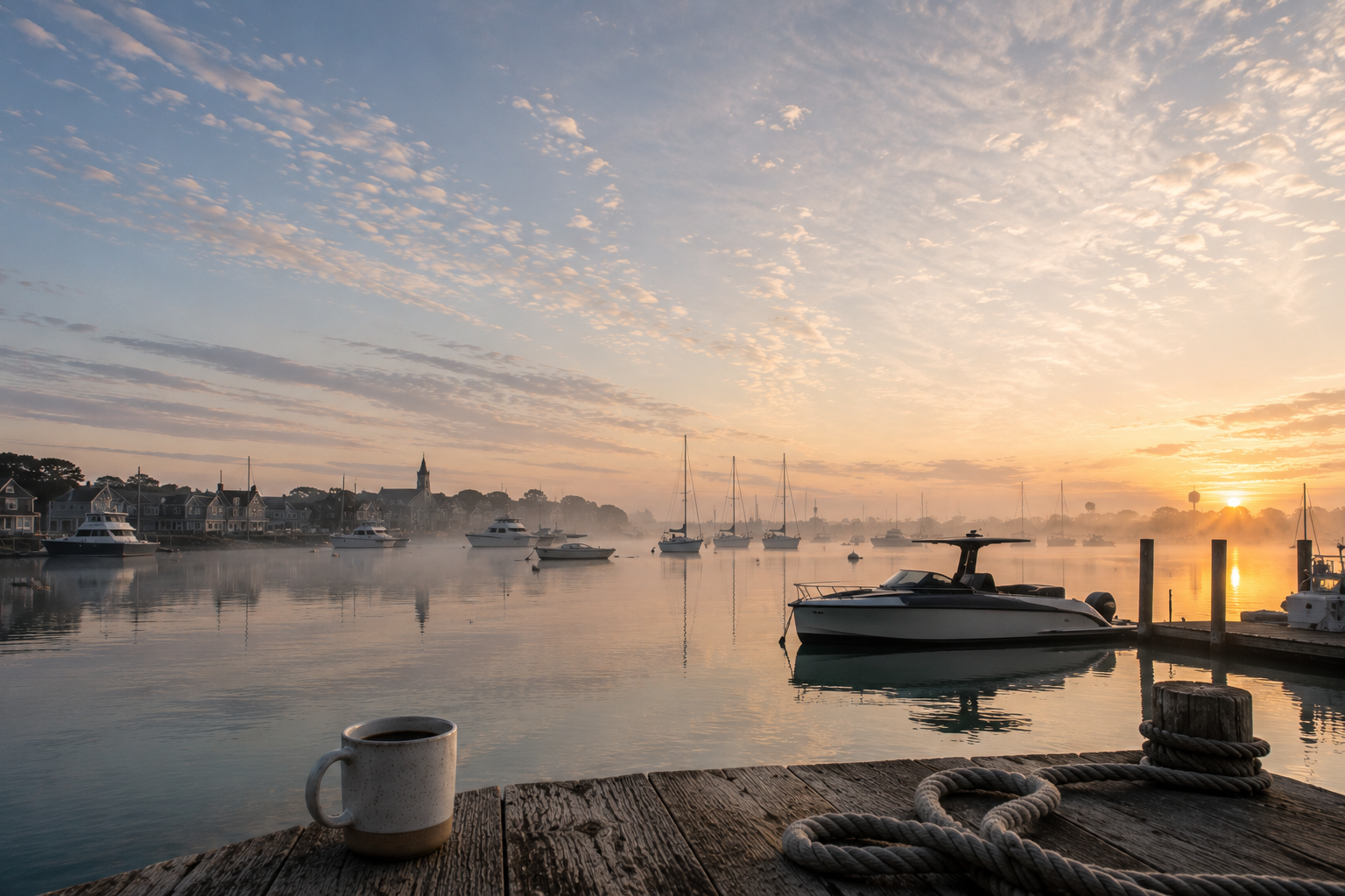 A peaceful marina at sunrise with boats anchored in calm water, houses and a church steeple in the background, a wooden dock in the foreground, and a coffee mug on the dock, with a sky full of clouds and the sun rising on the horizon.