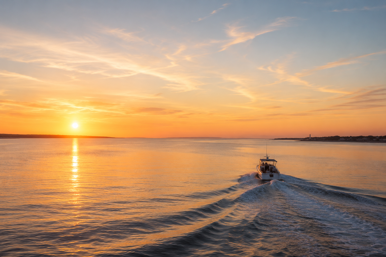 A boat sailing across a calm body of water during a sunset, with an orange glow and a partly cloudy sky.