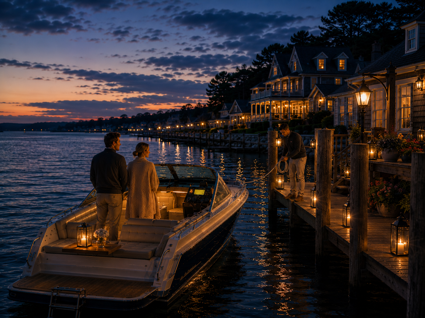 Couple boarding a boat at a dock during sunset, with illuminated houses along the waterfront and lanterns on the dock.