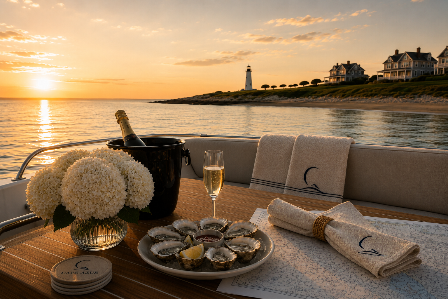 A luxurious yacht dining setup with a vase of white hydrangeas, a plate of oysters with lemon wedges and sauce, a glass of champagne, a champagne bottle in a black ice bucket, beige towels with a wave and moon design, and a map, overlooking a sunset coast with a lighthouse and houses.