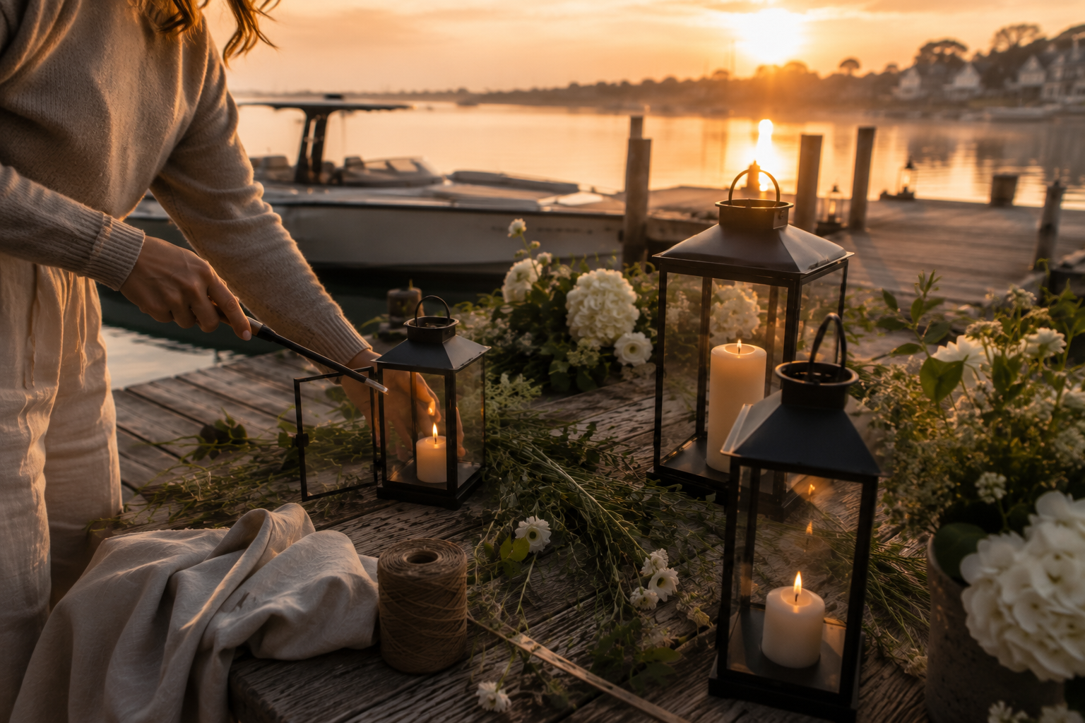 Person arranging candles and flowers on a wooden table near a waterfront during sunset.