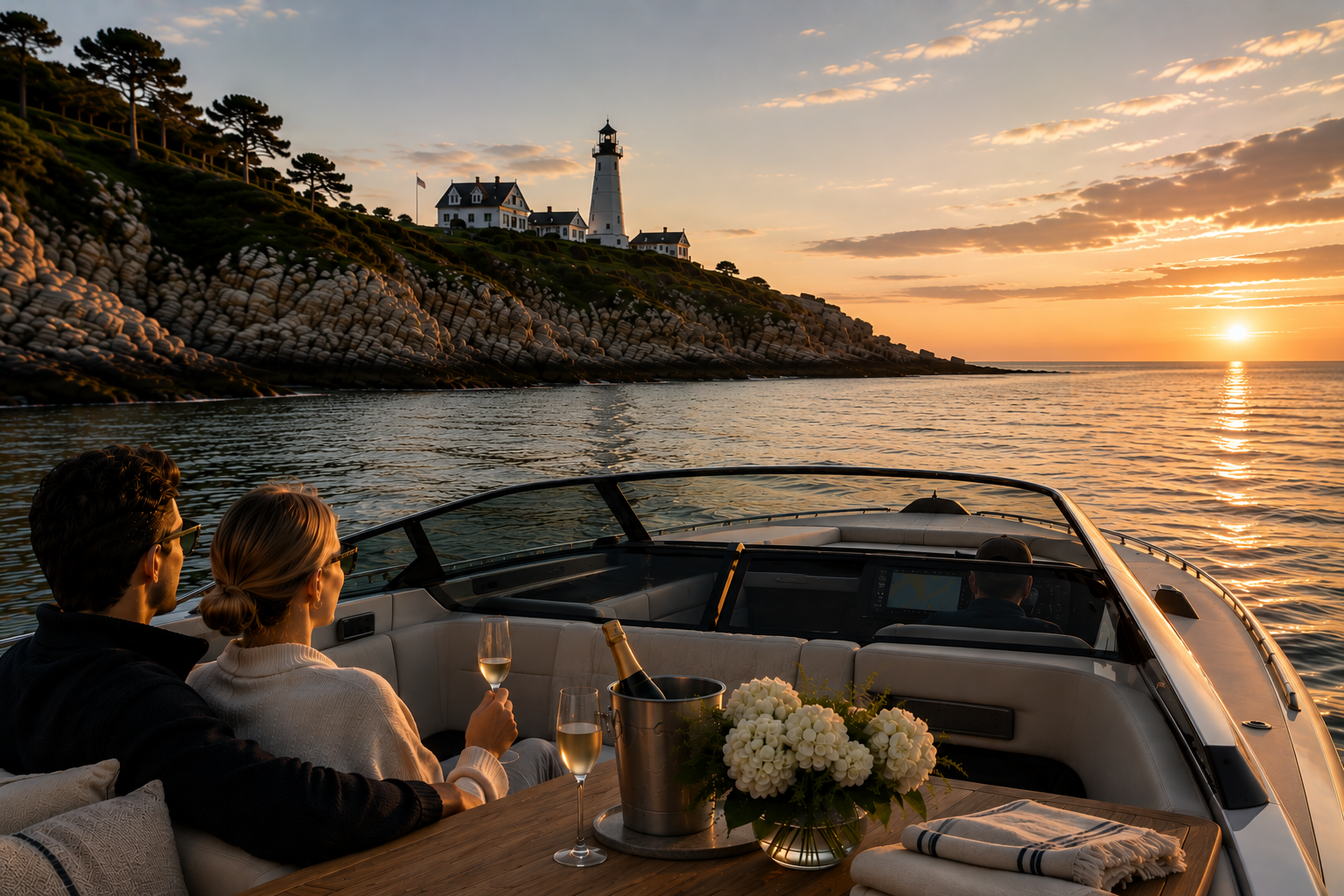 Couple relaxing on a yacht at sunset with champagne, overlooking a lighthouse on a rocky coast with waves and a partly cloudy sky.