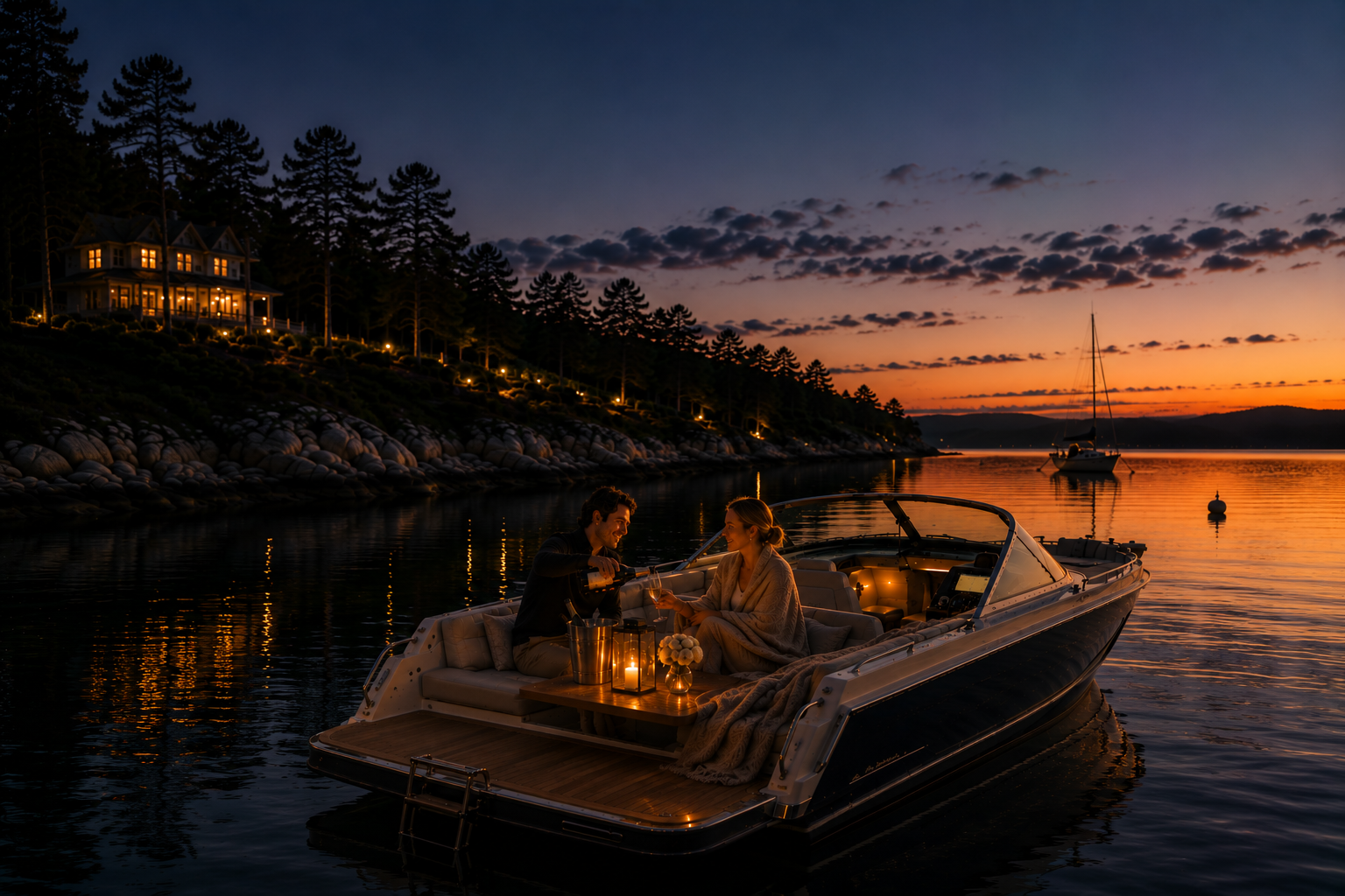 Couple dining on a pontoon boat at sunset with a house on a hillside and sailboats in the water.