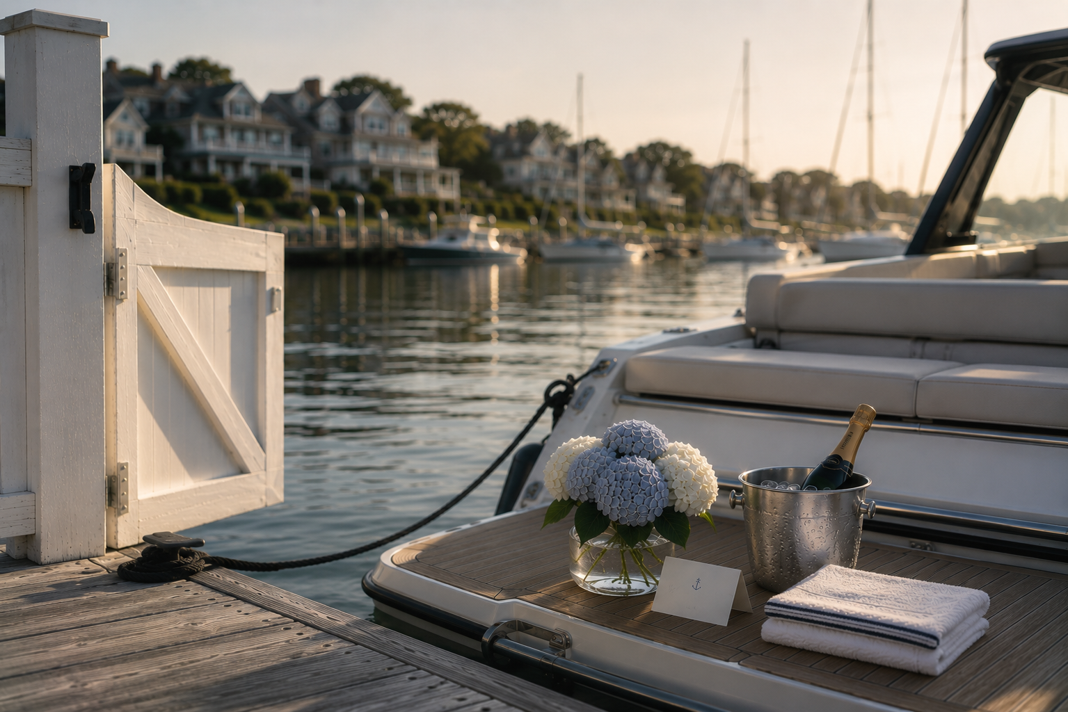 Luxury boat docked at a marina with a bouquet of hydrangeas, champagne in an ice bucket, towels, and a small card with an anchor symbol on the deck during sunset.