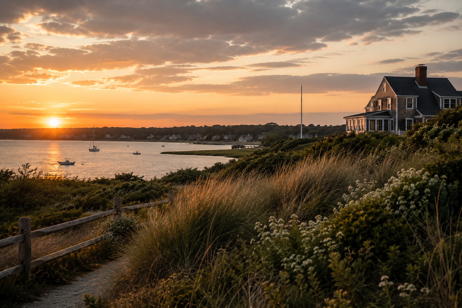 Sunset over a waterfront with boats, a large house on a hill, and grassy dunes in the foreground.