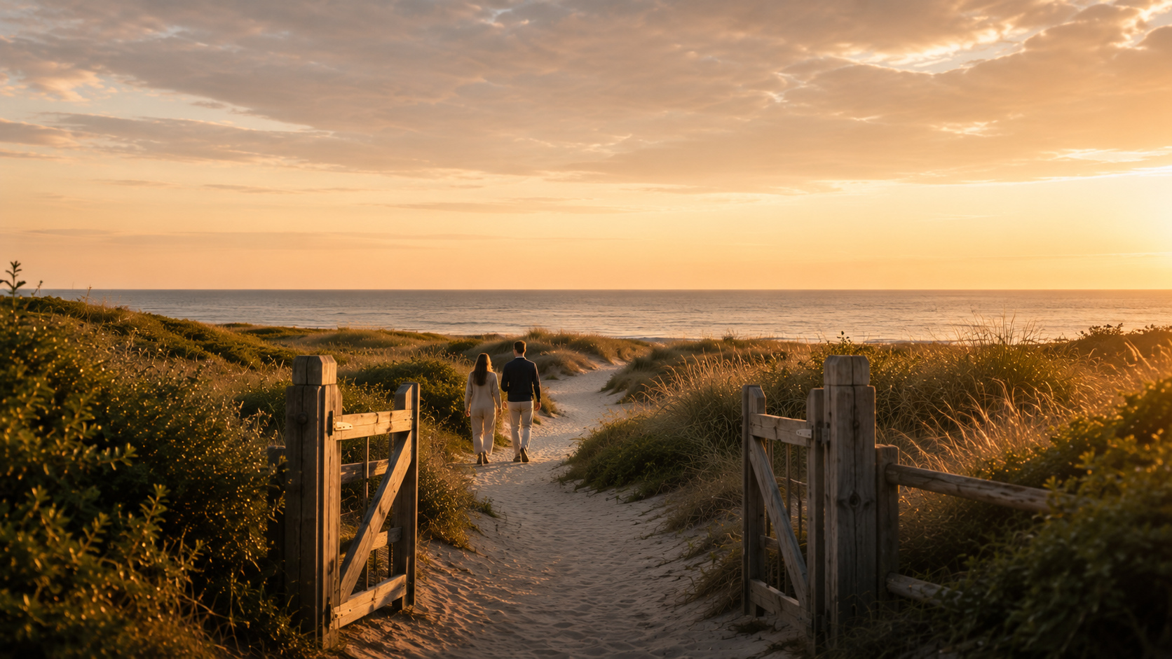 A couple walking hand-in-hand on a sandy beach path at sunset, with the ocean in the background and a wooden gate in the foreground.