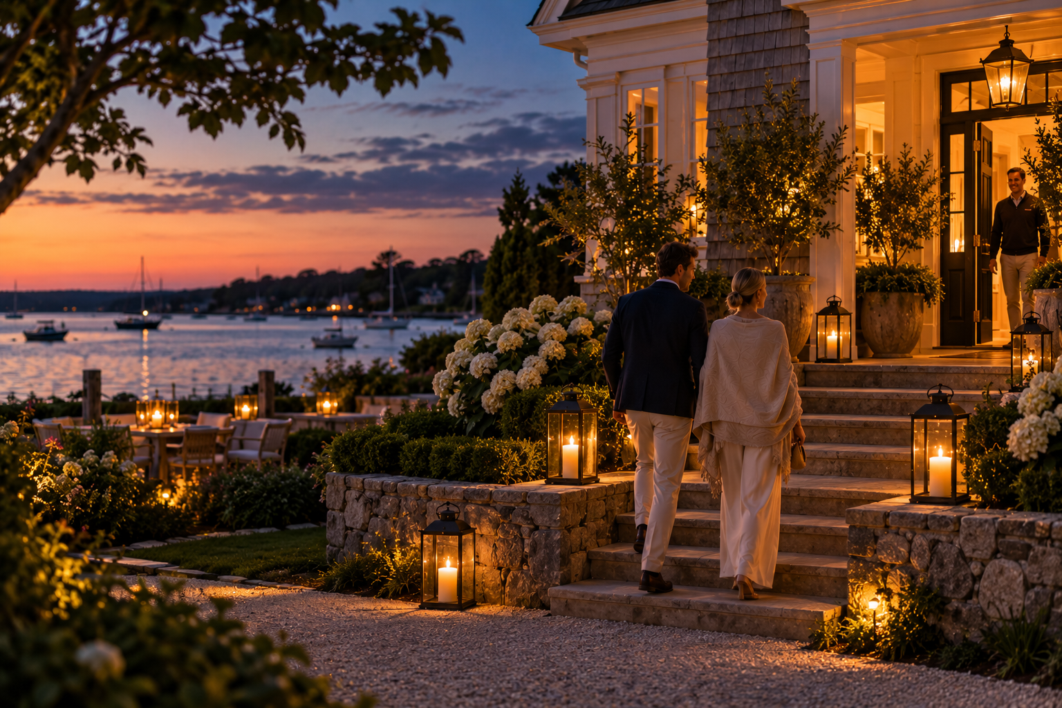 Couple arriving at a waterfront Cape Cod property at sunset.