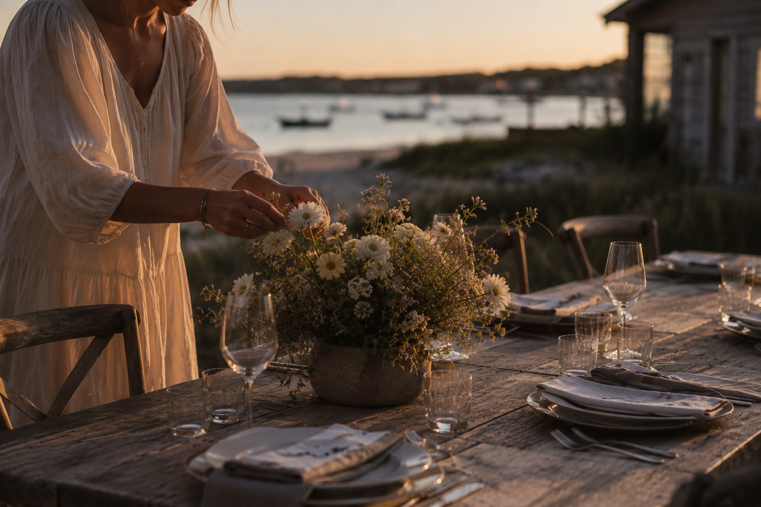 A woman in a white dress arranging a floral centerpiece on a rustic outdoor dining table at sunset, overlooking a body of water with boats.