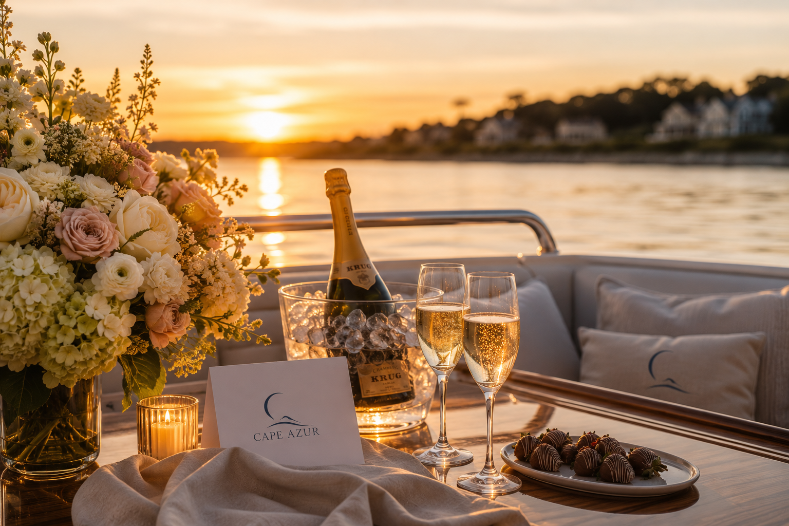 A table set on a boat with a large floral arrangement, two glasses of champagne, a bottle of sparkling wine in an ice bucket, a lit candle, a plate of chocolate-covered strawberries, and a card that says 'CAPE AZUR' against a sunset over a body of water with houses in the distance.
