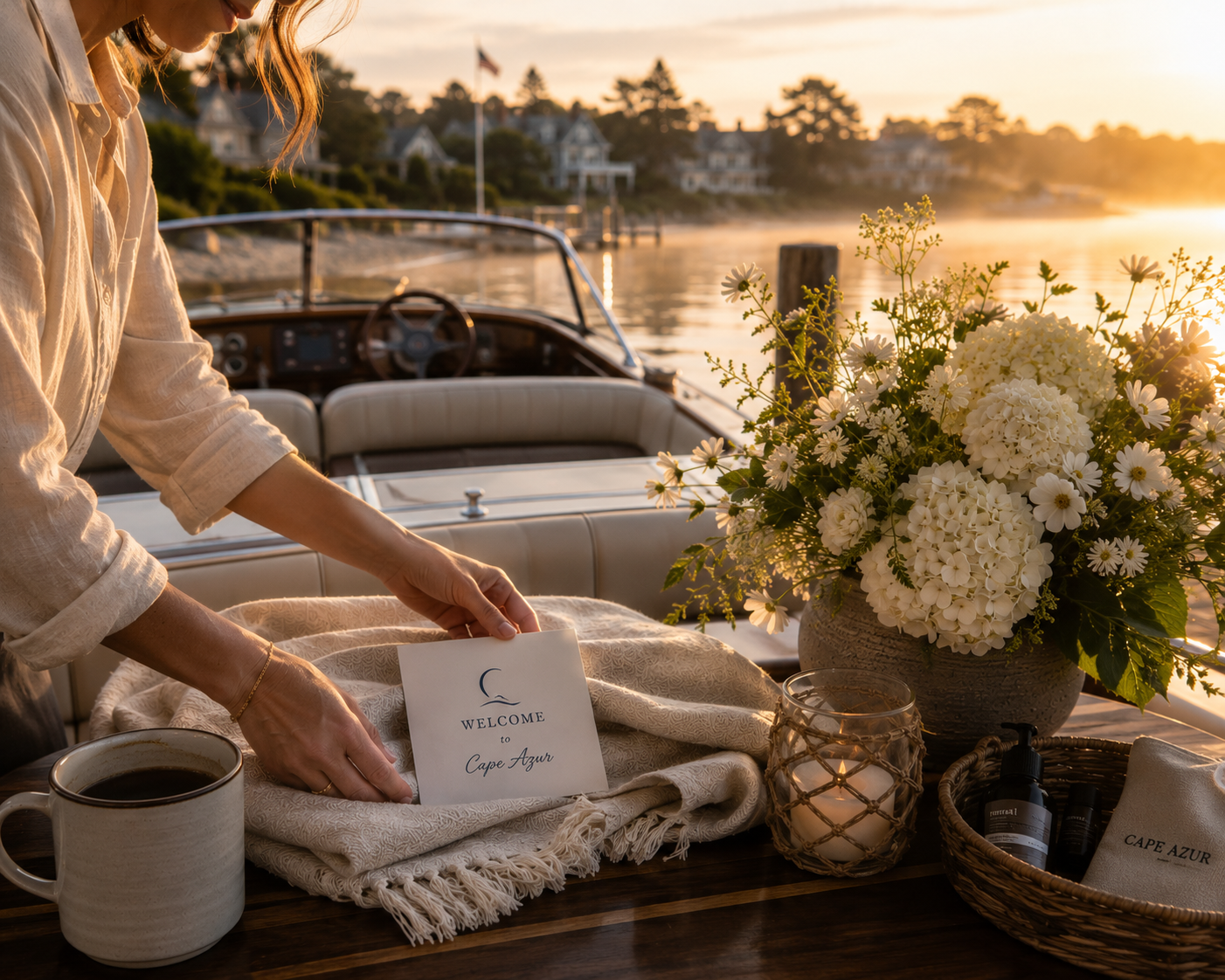 A woman on a boat at sunset holding a welcome card for Cape Azur, with a coffee mug, a bouquet of white flowers, and wellness items on the table.