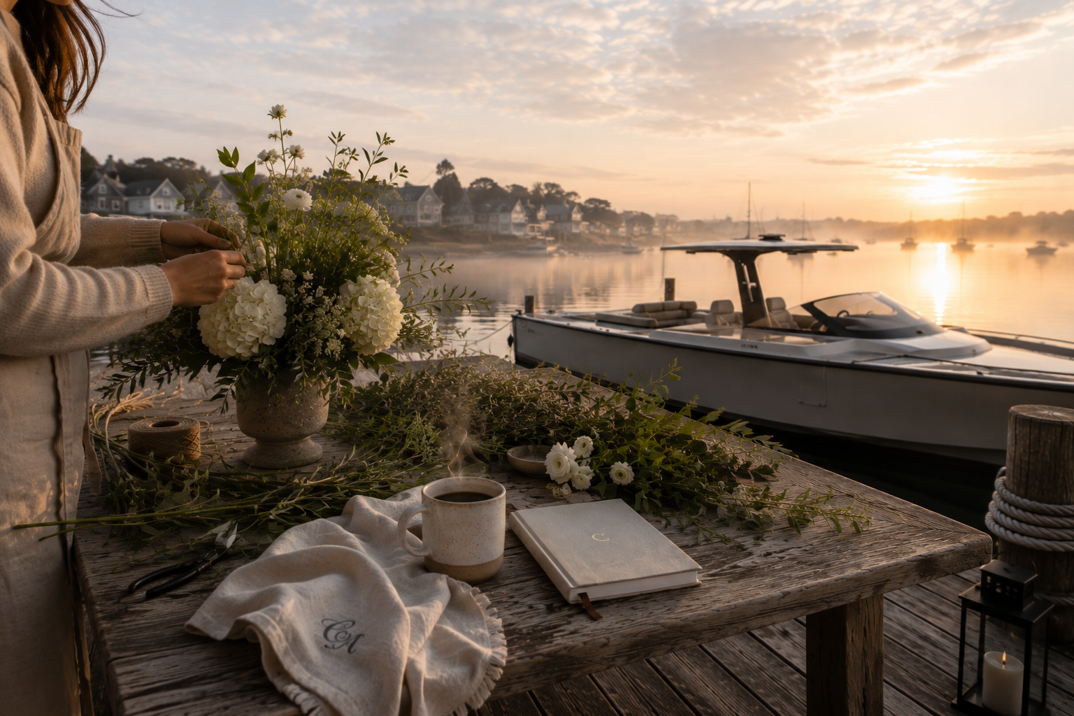 Person arranging flowers on a wooden table by a body of water at sunset, with a boat and houses in the background.
