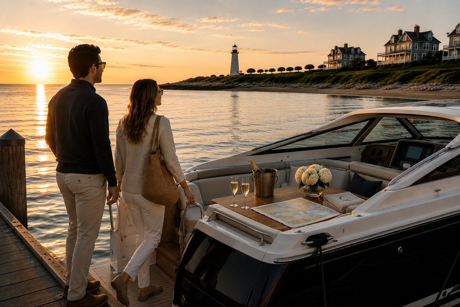 A couple prepares to board a yacht at a dock during sunset, with a lighthouse and houses in the background, and a table inside the yacht decorated with flowers and drinks.