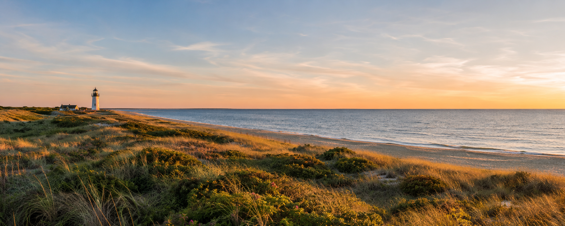 Sunset over a beach with a lighthouse, sandy shore, grassy dunes, and calm ocean.
