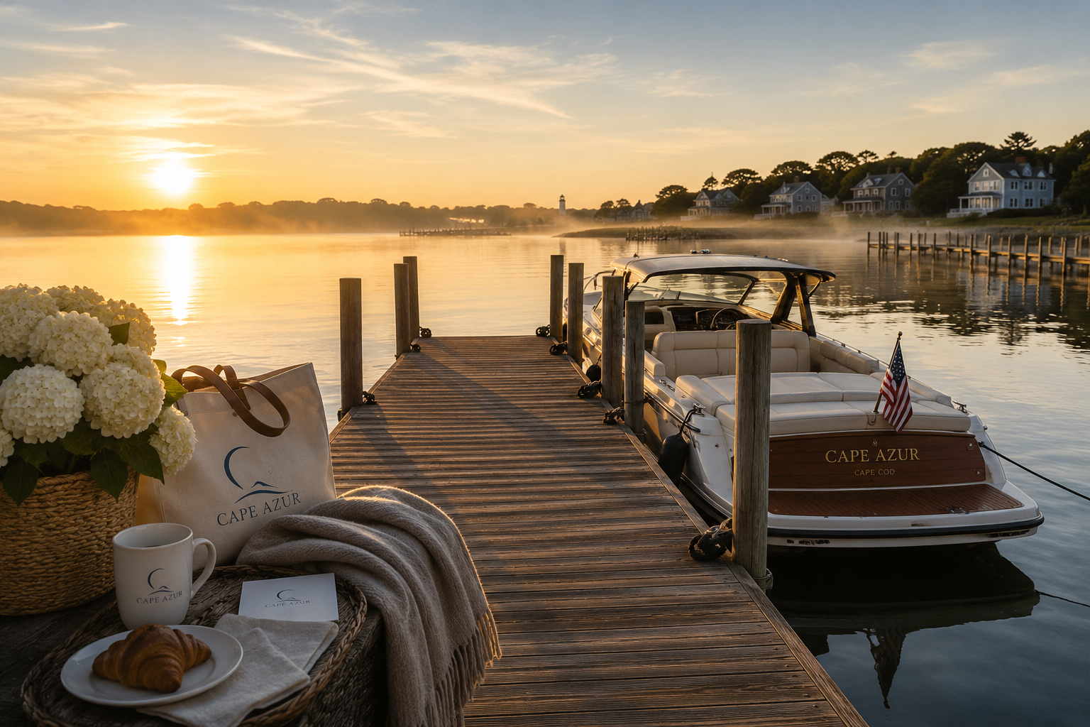 Sunset view at a marina with a boat docked at a wooden pier, white flowers and a breakfast setup with croissants and a mug in the foreground, overlooking a calm body of water with houses and trees in the background.