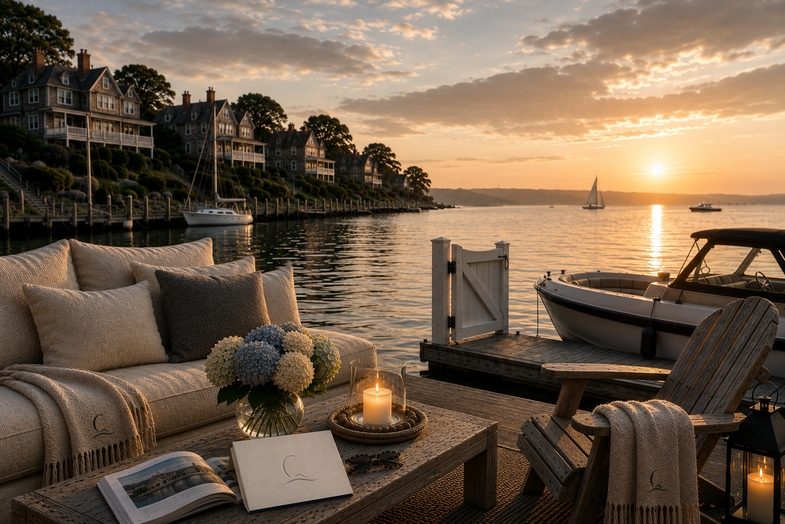 A cozy lakeside patio at sunset with a sofa, bouquet of hydrangeas, candle, and nautical-themed decor, overlooking sailboats on calm water.