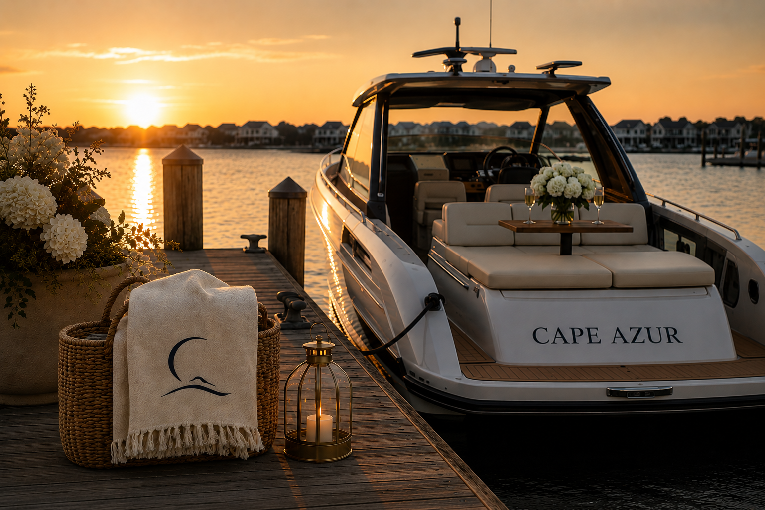 Luxury yacht named Cape Azur docked at sunset with a table of champagne and flowers on board, and a cozy seating area with a bouquet of white flowers on a table, lantern, and blanket on a dock decorated with flowers and candles.