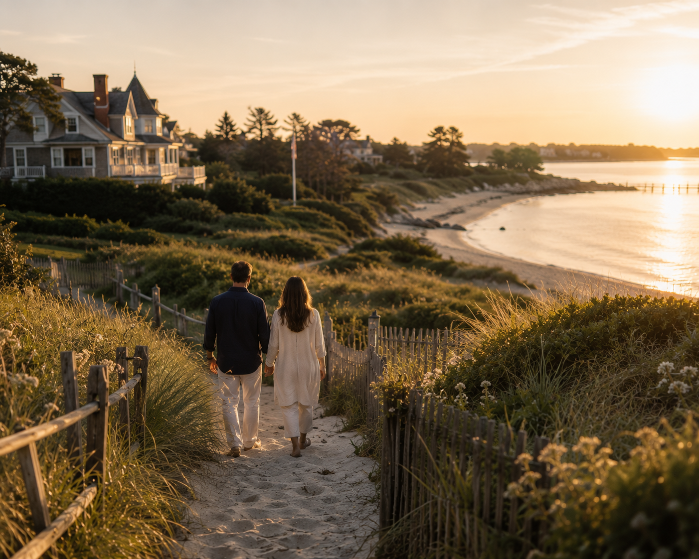 A couple walking hand in hand along a sandy path through dunes and greenery by the beach during sunset, with a large house and trees in the background.