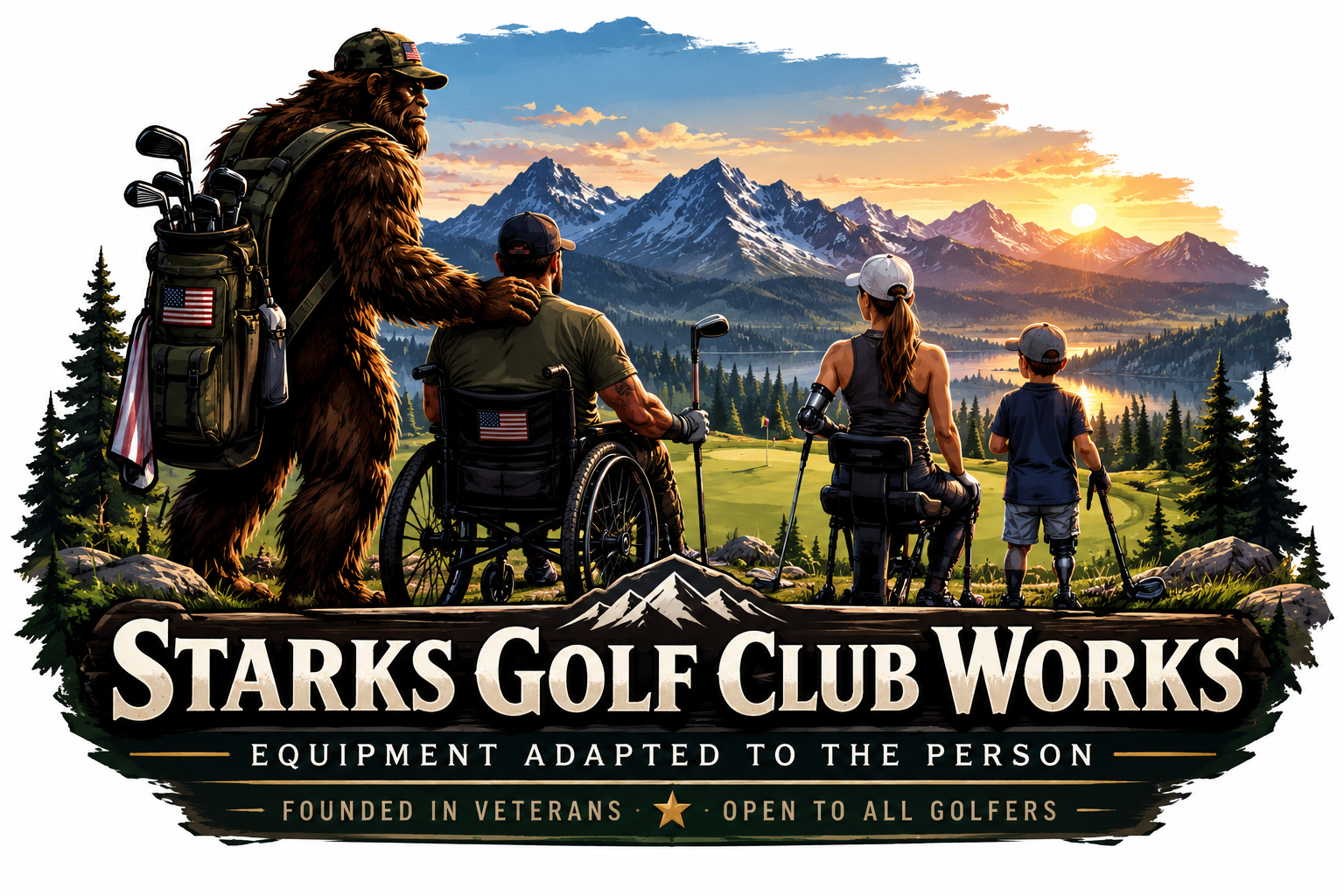 Starks Golf Club Works adaptive golf artwork: Bigfoot and golfers of different abilities overlooking a mountain course. Equipment adapted to the person.