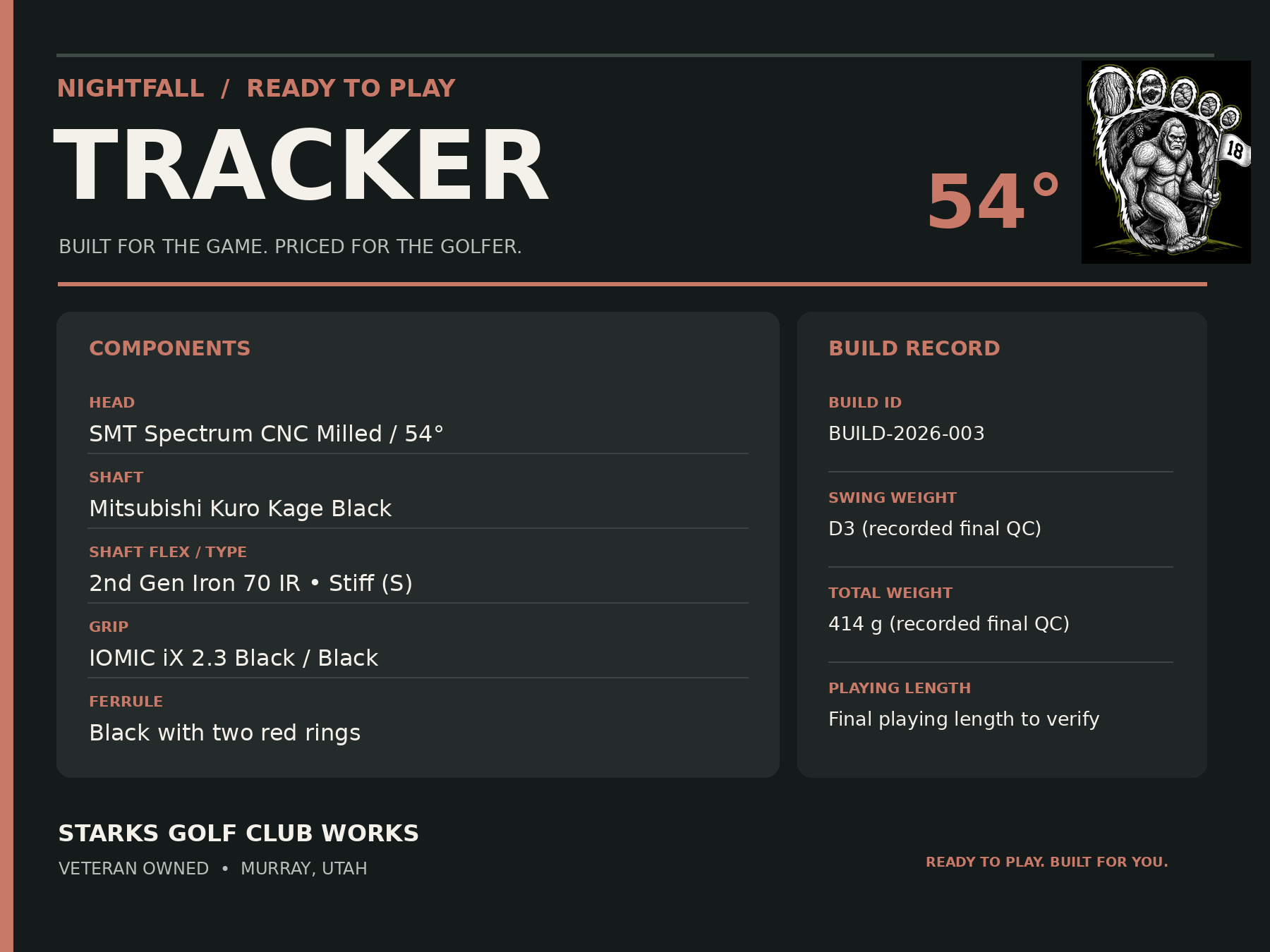Nightfall Tracker specification board: Kuro Kage Black 2nd Gen Iron 70 IR Stiff, D3 swing weight, 414 grams