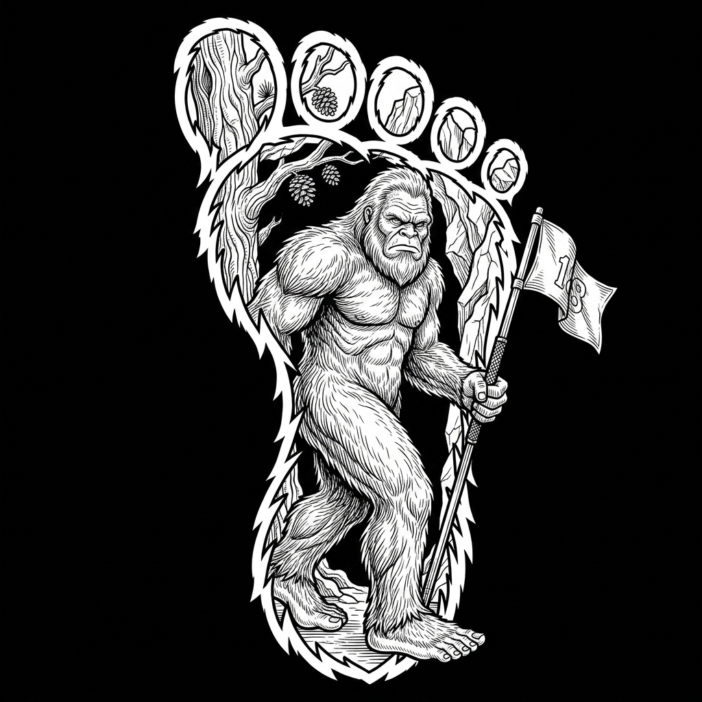 A black and white drawing of a humanoid Bigfoot carrying a small American flag, standing in a doorway made of tree bark with forest imagery inside.