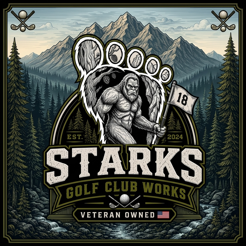 A detailed logo for 'Starks Golf Club Works' featuring a muscular Bigfoot holding a golf flag with the number 18, set against a mountain and forest background with pine trees, a stream, and clouds.