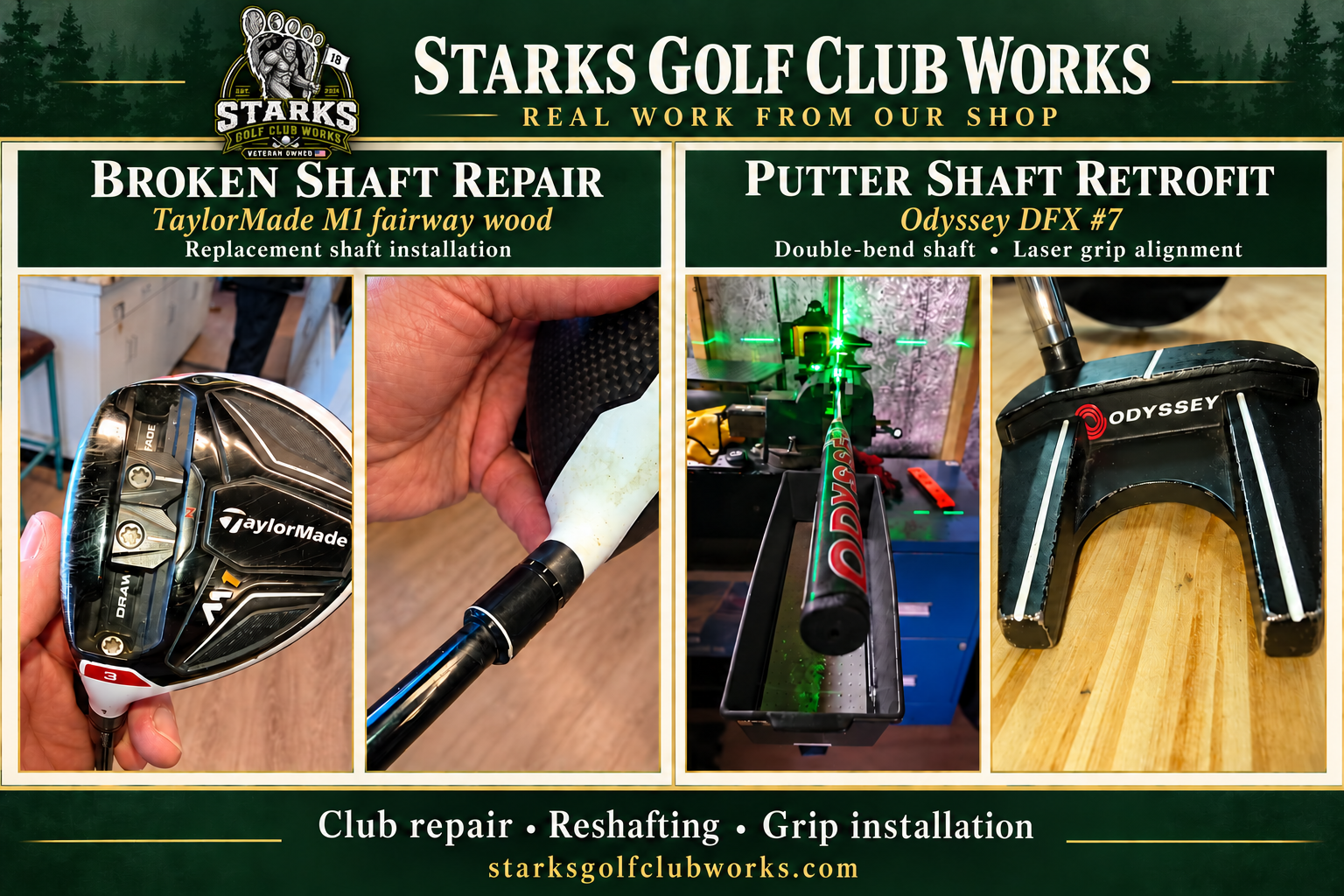 Completed TaylorMade M1 fairway wood shaft repair and Odyssey DFX #7 putter shaft retrofit with laser grip alignment at Starks Golf Club Works in Murray, Utah.