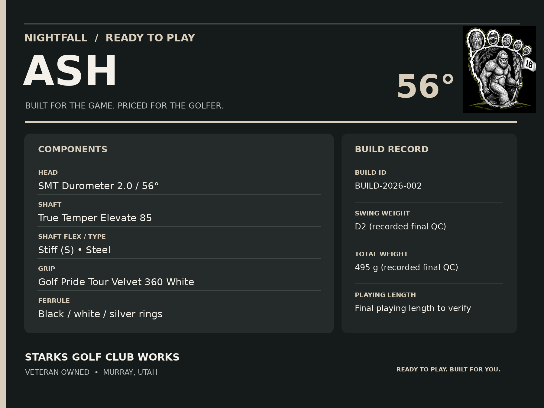 Nightfall Ash specifications: Elevate 85 Stiff, D2 swing weight, 495 grams