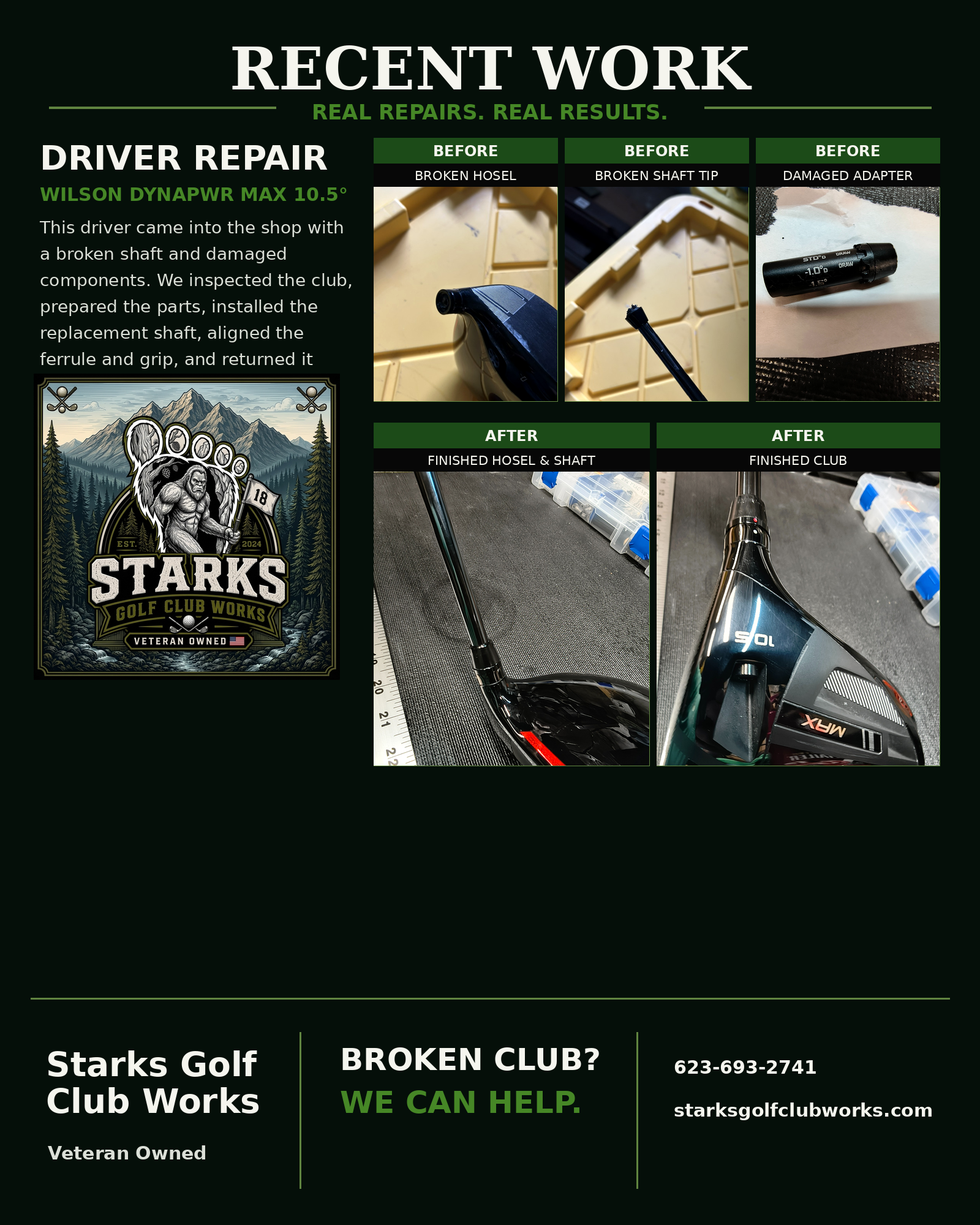 Starks Golf Club Works poster showing before-and-after golf club repair examples.