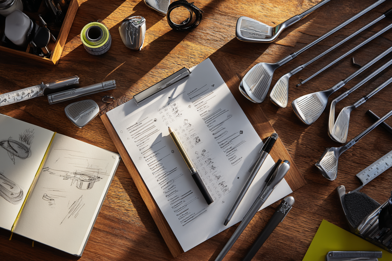 A table with golf clubs, sketches, pens, and golf ball markers scattered on it.