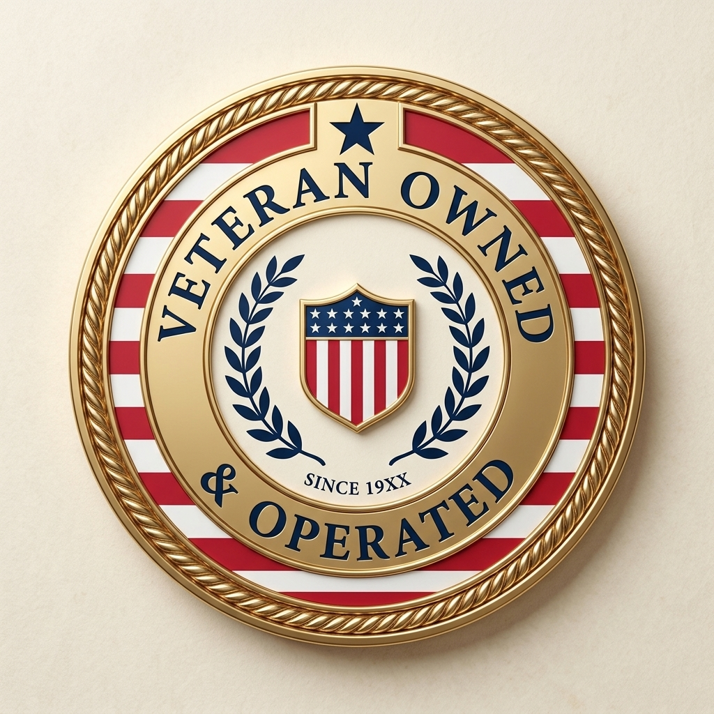 A circular badge with a gold outer rim featuring red and white stripes, and a center with the words "VETERAN OWNED & OPERATED" in blue, a shield with stars and stripes, and laurel branches.