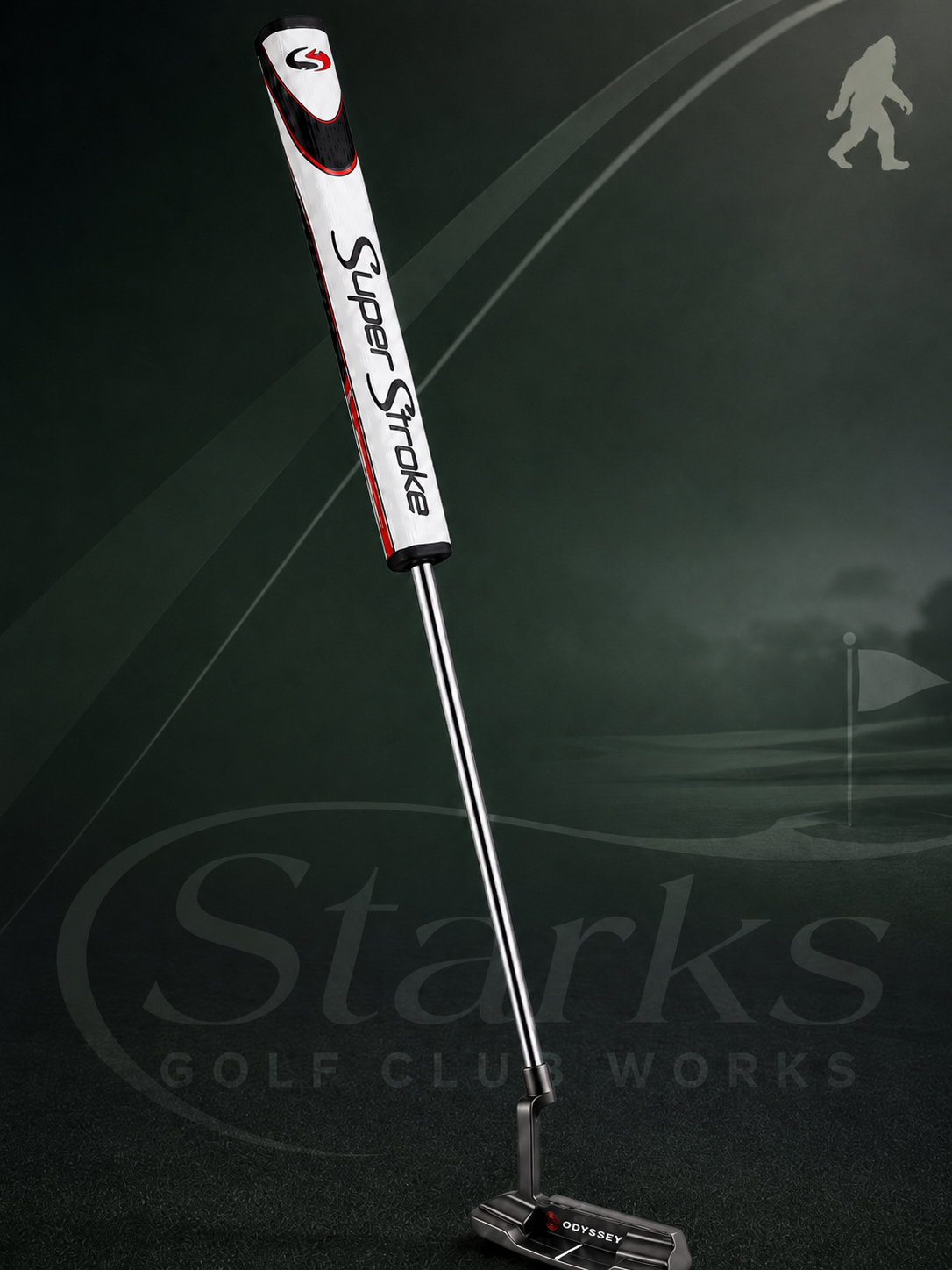 A golf putter with a red, black, and white grip, labeled 'Super Stroke,' standing on a textured black surface against a dark green background with a faint golf course illustration.