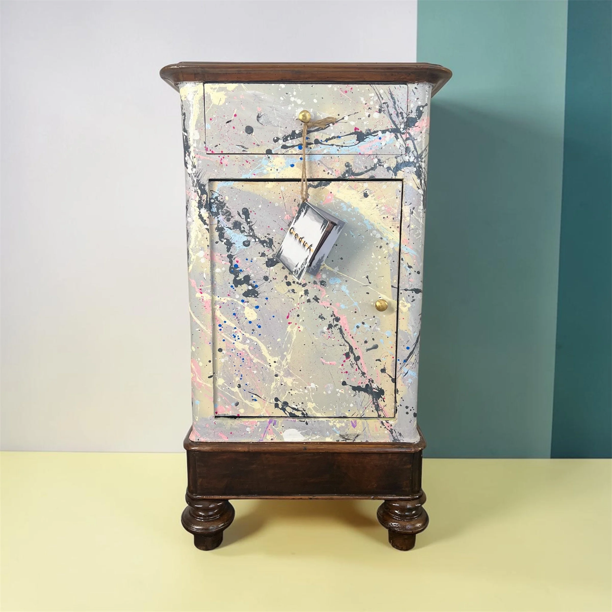 Antique bedside table, restored and hand decorated whith an abstract design