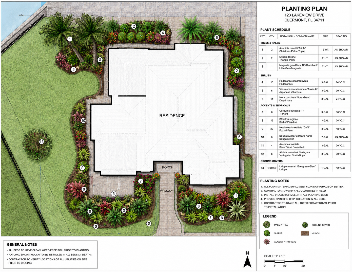 Landscape planting plan for a residential property showing various trees, shrubs, accents, tropical plants, ground cover, and mulch beds around the house with a porch and walkway, including a pond on the upper left corner.