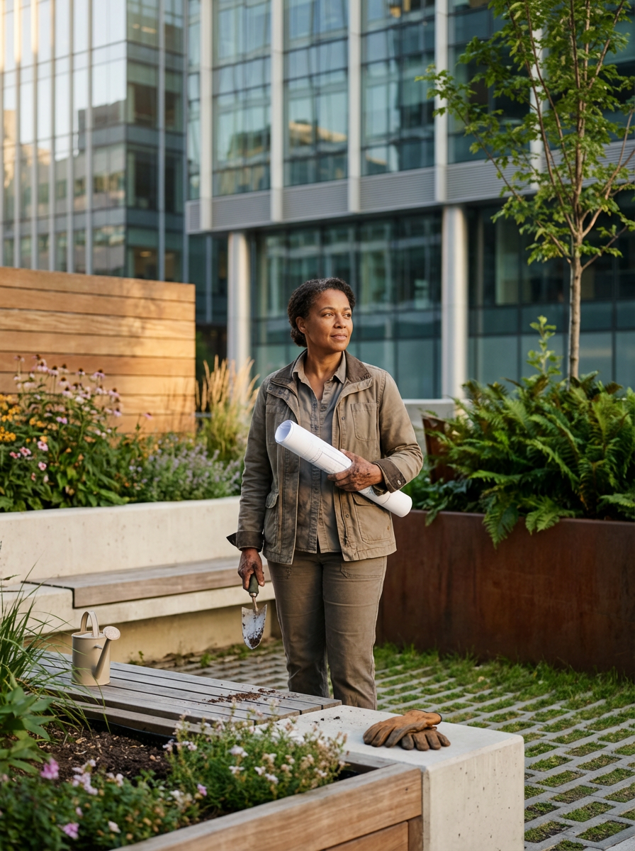 A woman standing in a city garden holding blueprint and gardening tools, surrounded by plants and modern glass buildings in the background.
