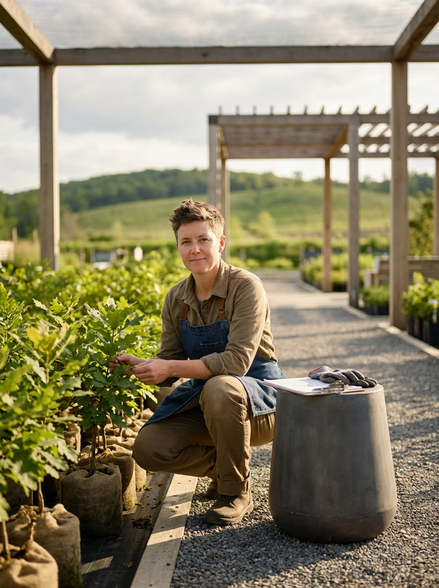 A woman crouching in a nursery, holding a young plant, surrounded by potted plants, with a clipboard and gardening gloves on a small table beside her, under a wooden pergola.