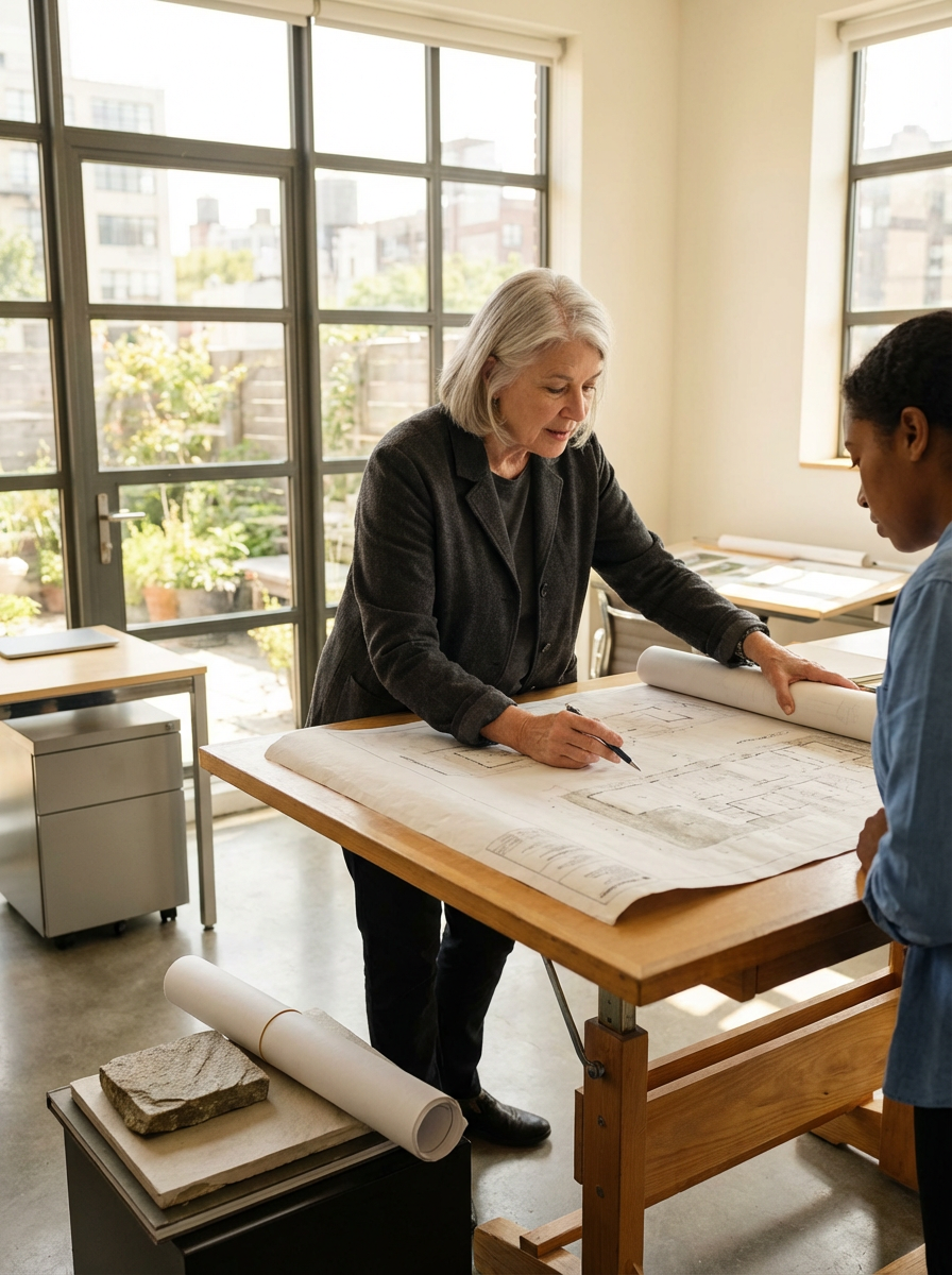 An older woman and a young woman examining blueprints on a wooden table in a sunlit room with large windows.