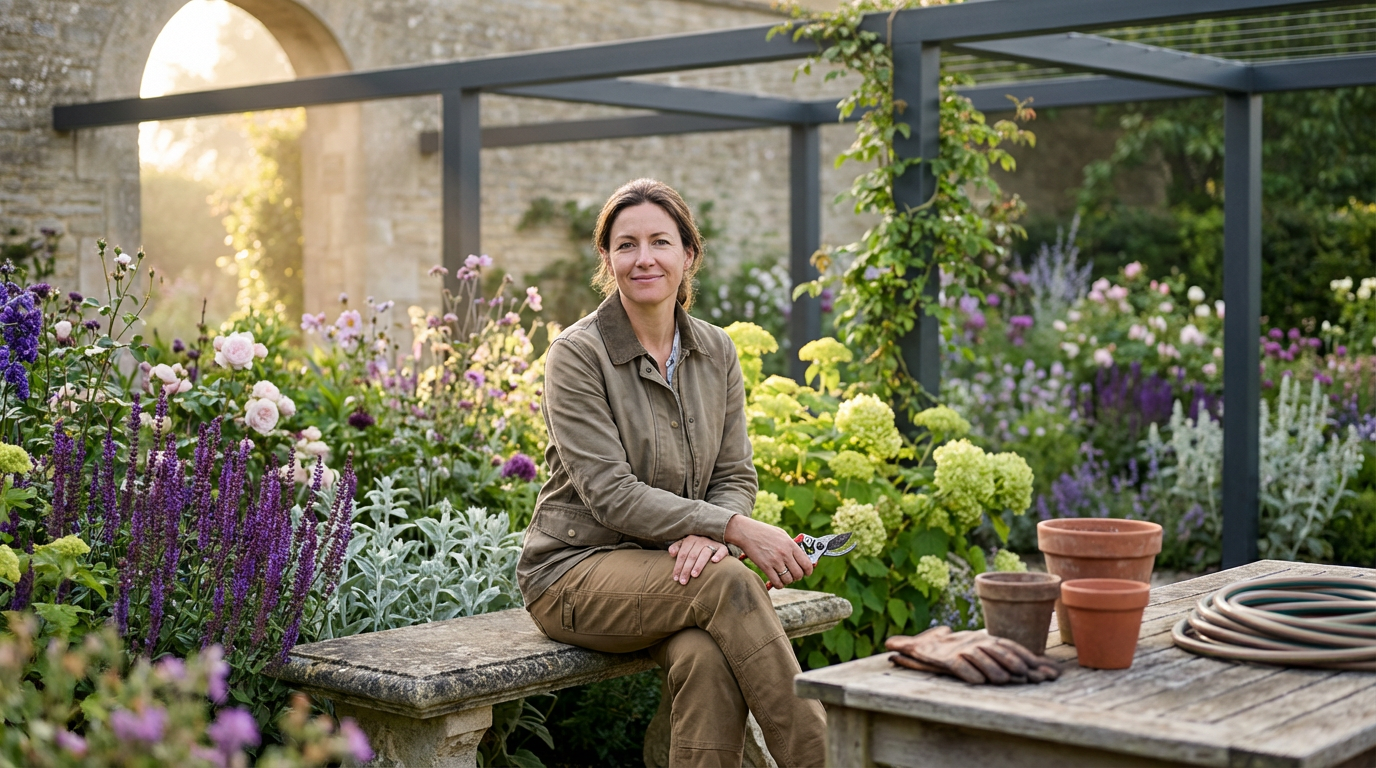 A woman sitting on a garden bench in a lush garden with colorful flowers, holding gardening shears, with gardening tools and pots on a table nearby.