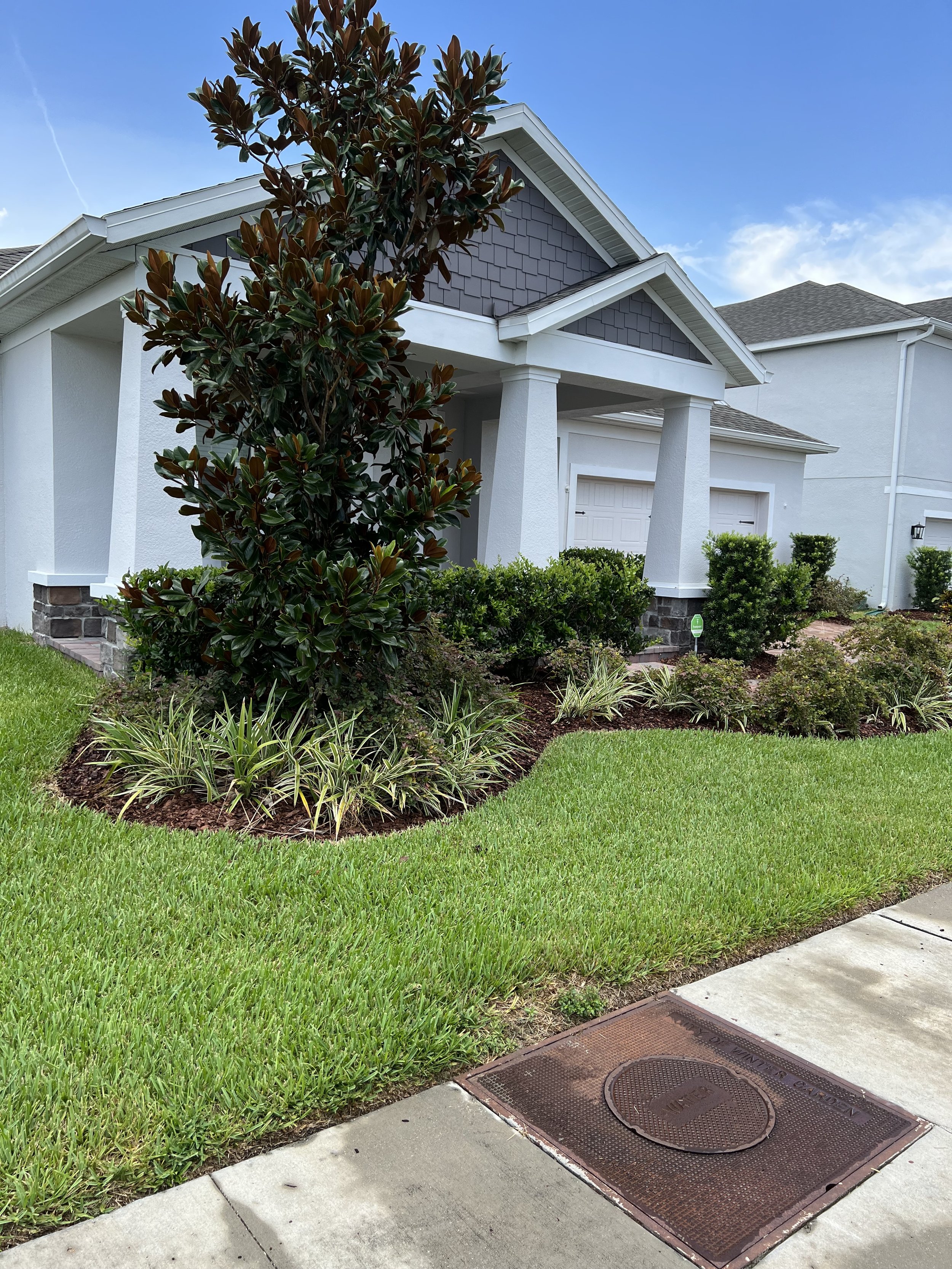 A residential house with a well-manicured front yard, including green grass, shrubs, and a small tree, with a sidewalk and a utility cover in the foreground, under a clear blue sky.