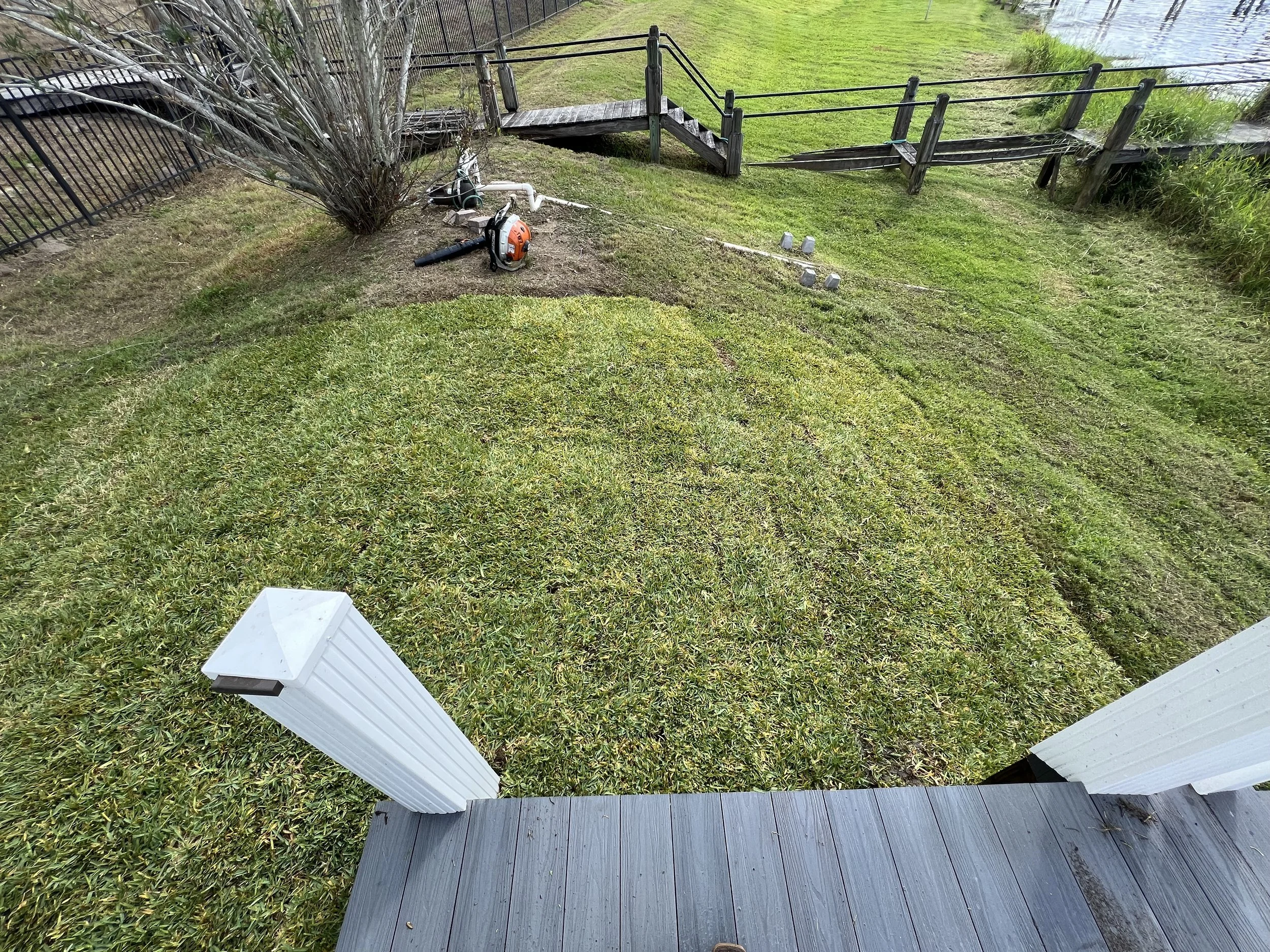 View of backyard with a small wooden dock leading to a body of water, a bush with bare branches, a black metal fence, green grass, and some equipment including a leaf blower and white PVC pipes.