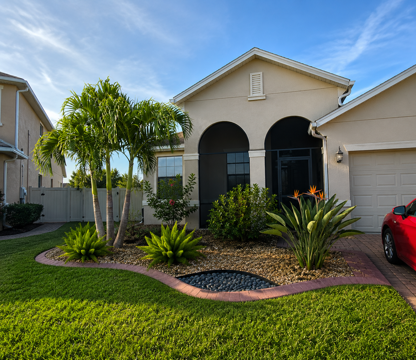 Front yard of a house with a landscaped garden featuring palm trees, green plants, and flowers, with a driveway and a red car parked nearby.
